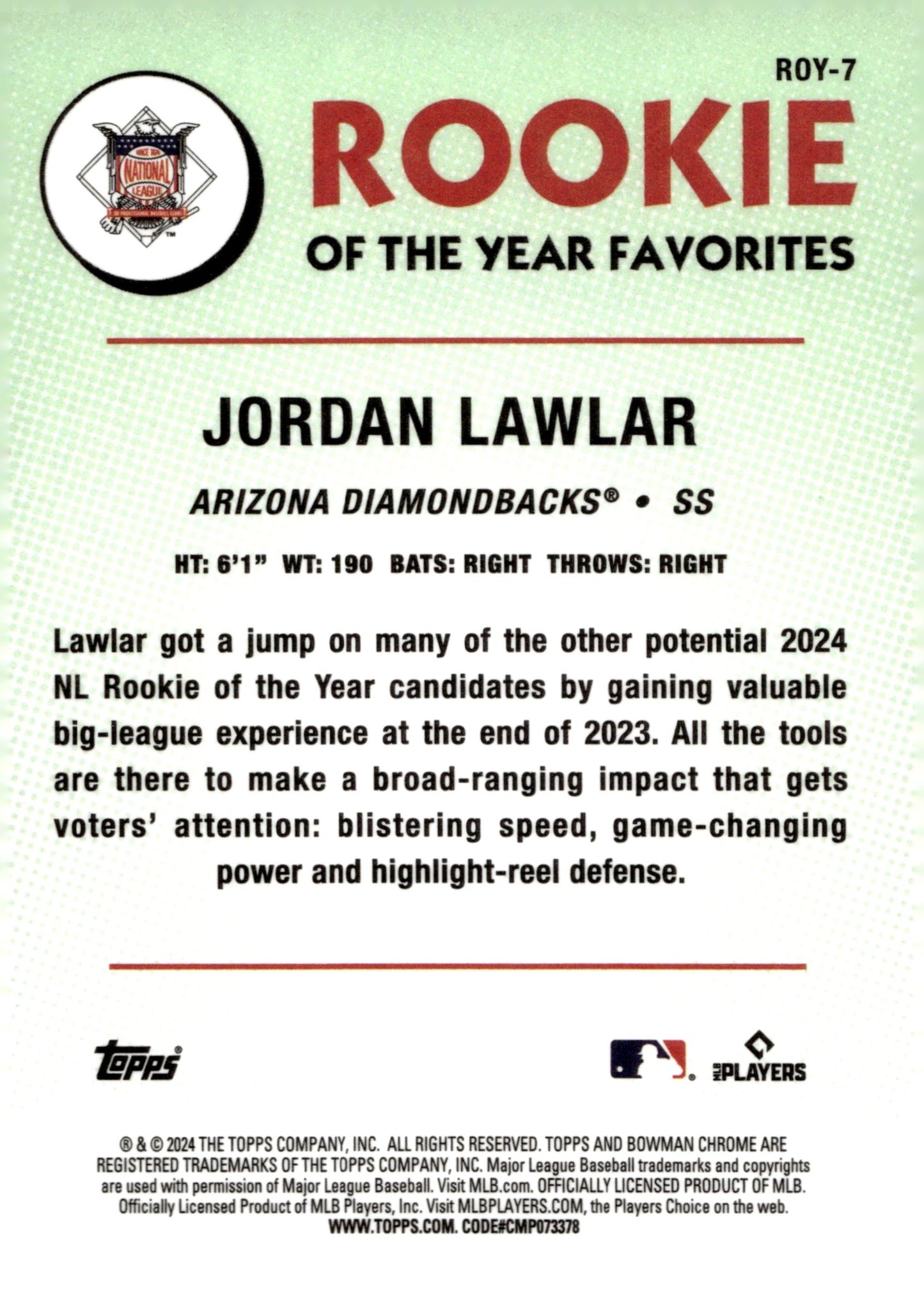 Jordan Lawlar 2024 Bowman Chrome Rookie of the Year Favorites Green Mojo RC #3 - Collector Store LLC