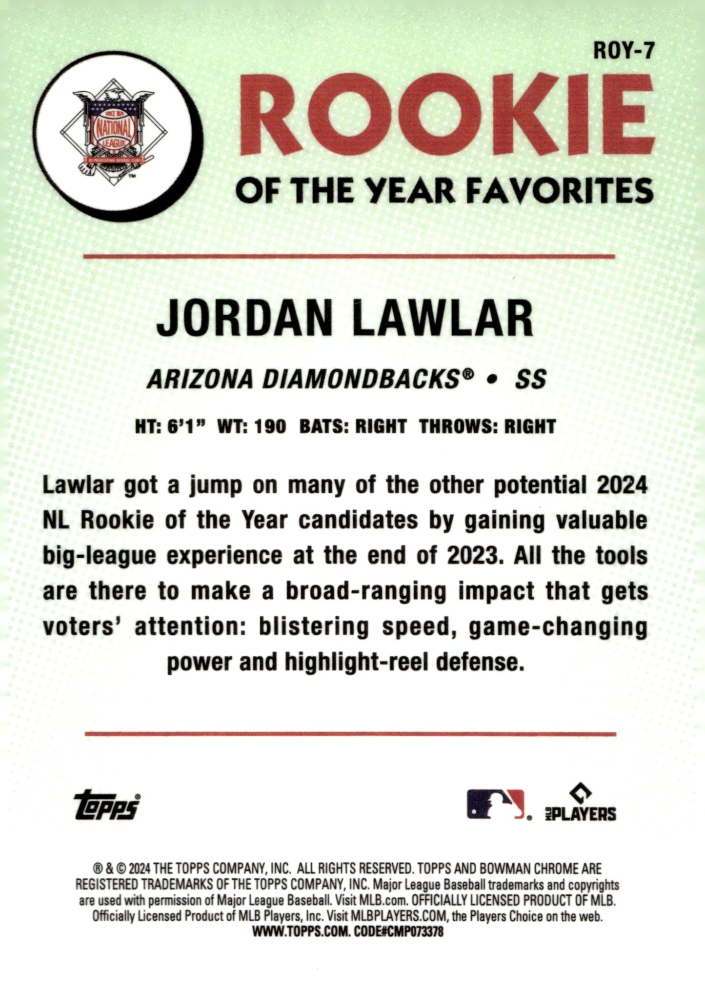 Jordan Lawlar 2024 Bowman Chrome Rookie of the Year Favorites Green Mojo RC #4 - Collector Store LLC