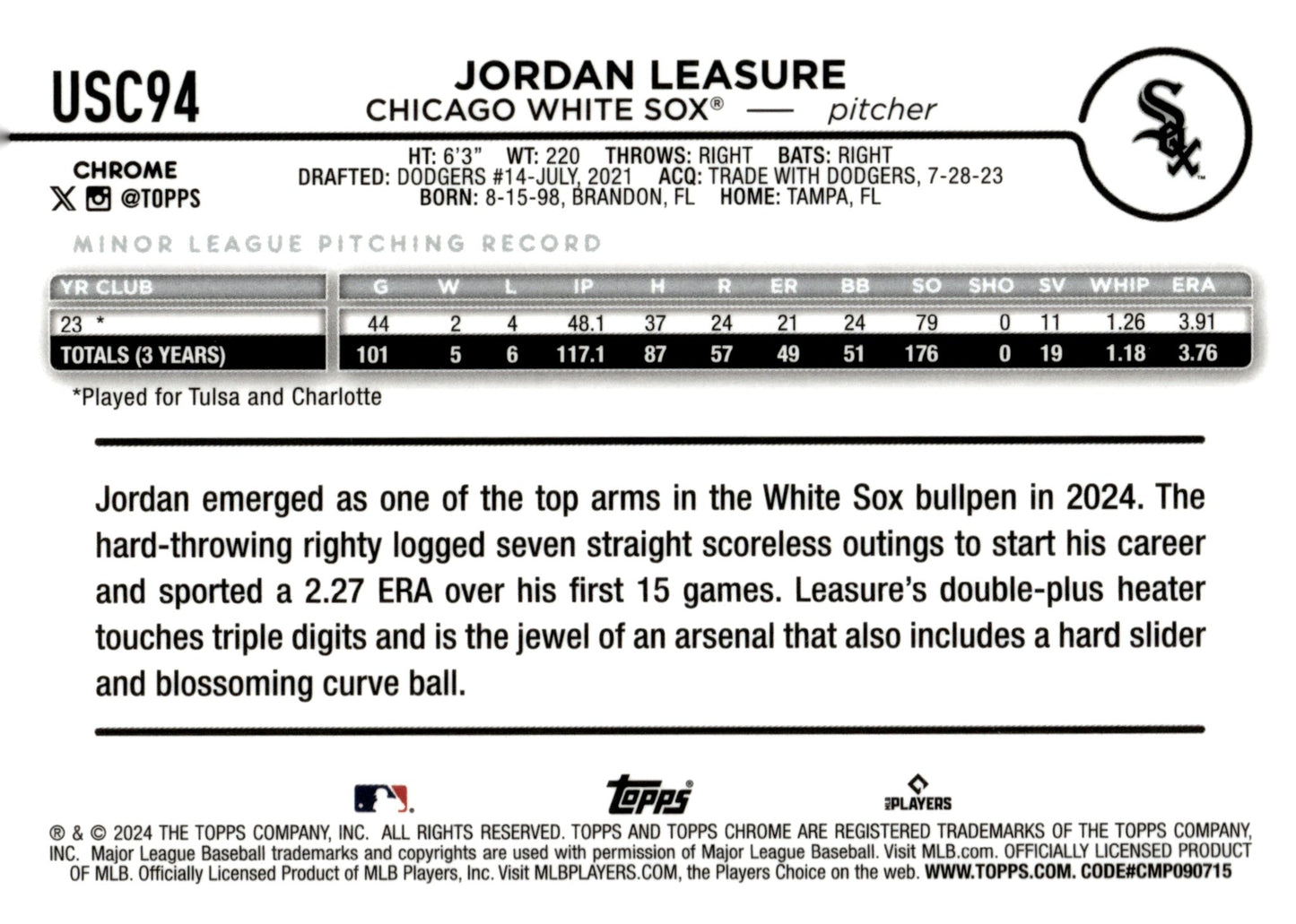 Jordan Leasure 2024 Topps Chrome Ray Wave Refractor RC #USC94 - Collector Store LLC