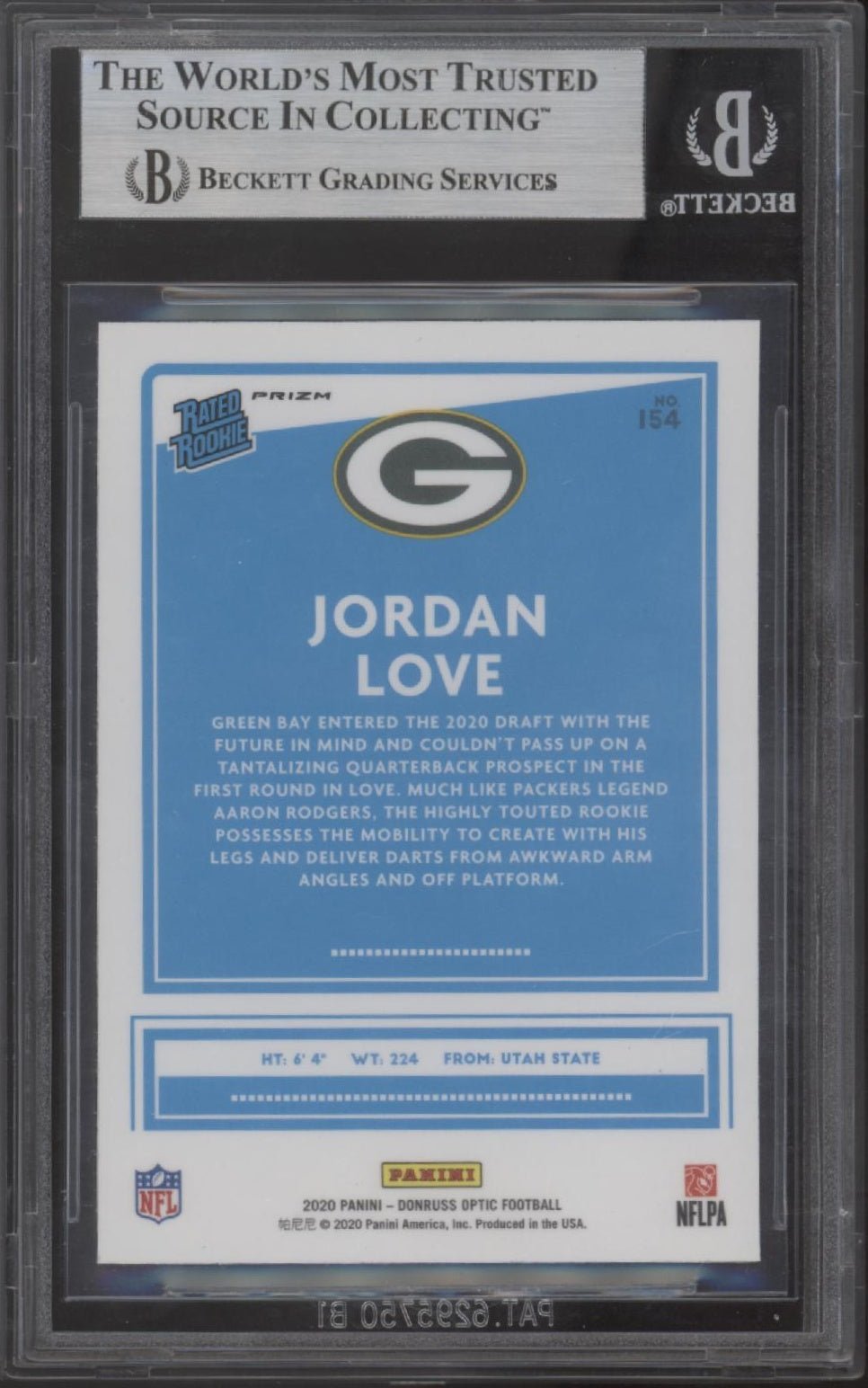 Jordan Love 2020 Panini Donruss Optic Rated Rookie Pink Prizm RC #154 Beckett 9 - Collector Store LLC
