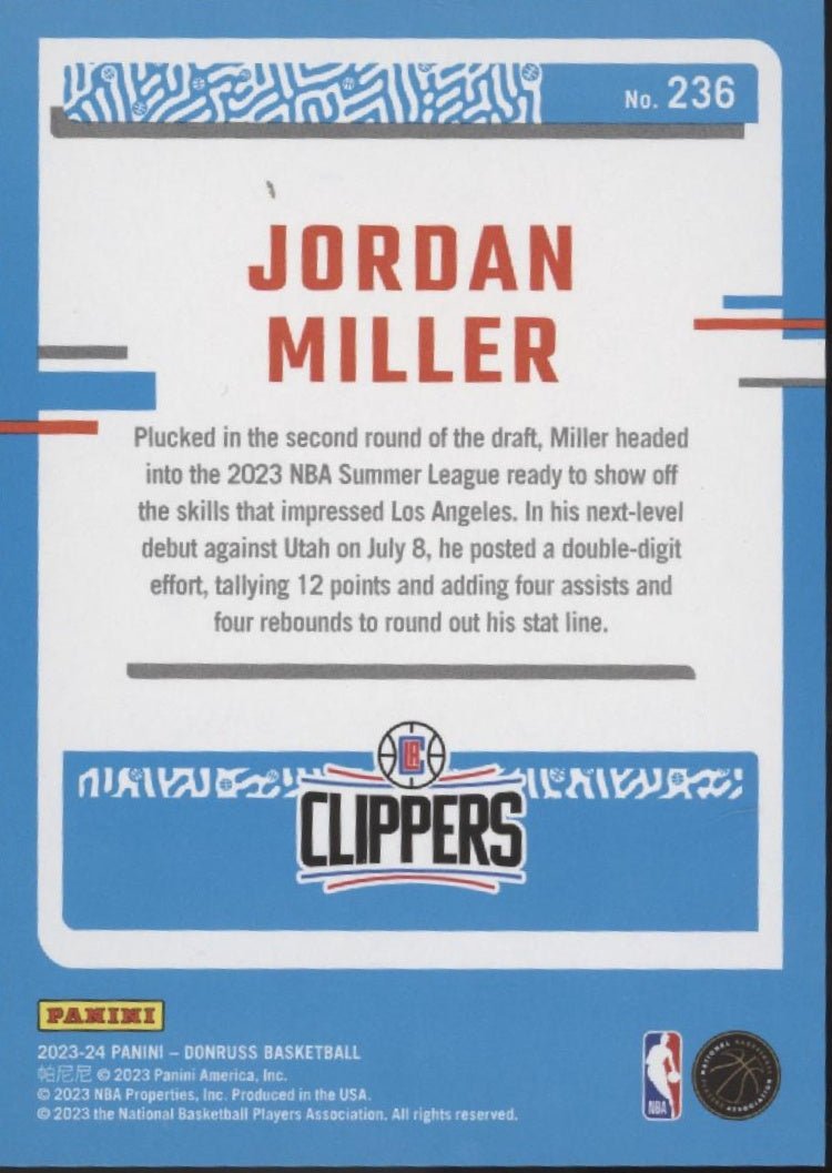 Jordan Miller 2023 - 24 Panini Donruss Rated Rookie Orange Laser 236 - Collector Store LLC