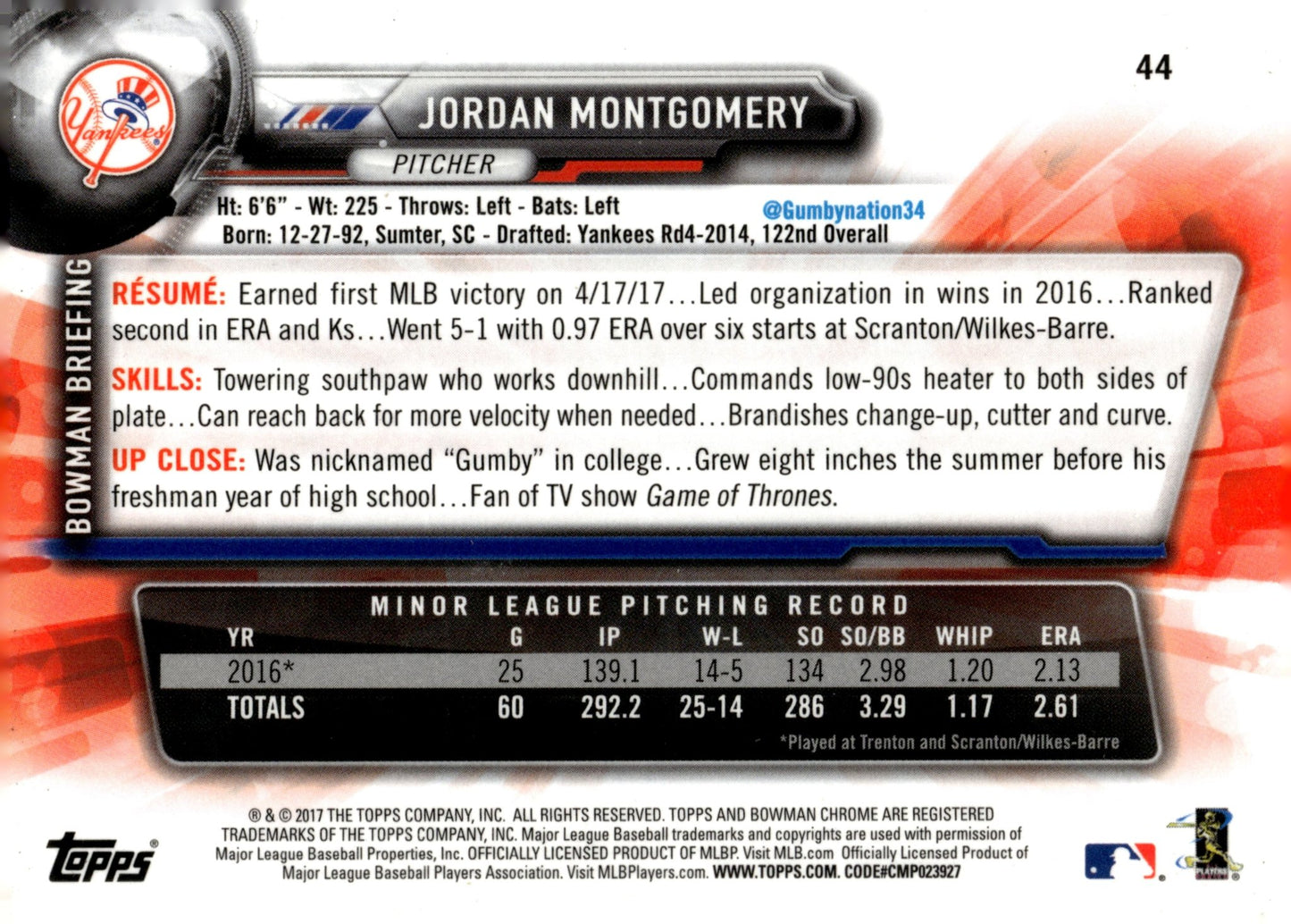 Jordan Montgomery 2017 Bowman Chrome RC #44 - Collector Store LLC