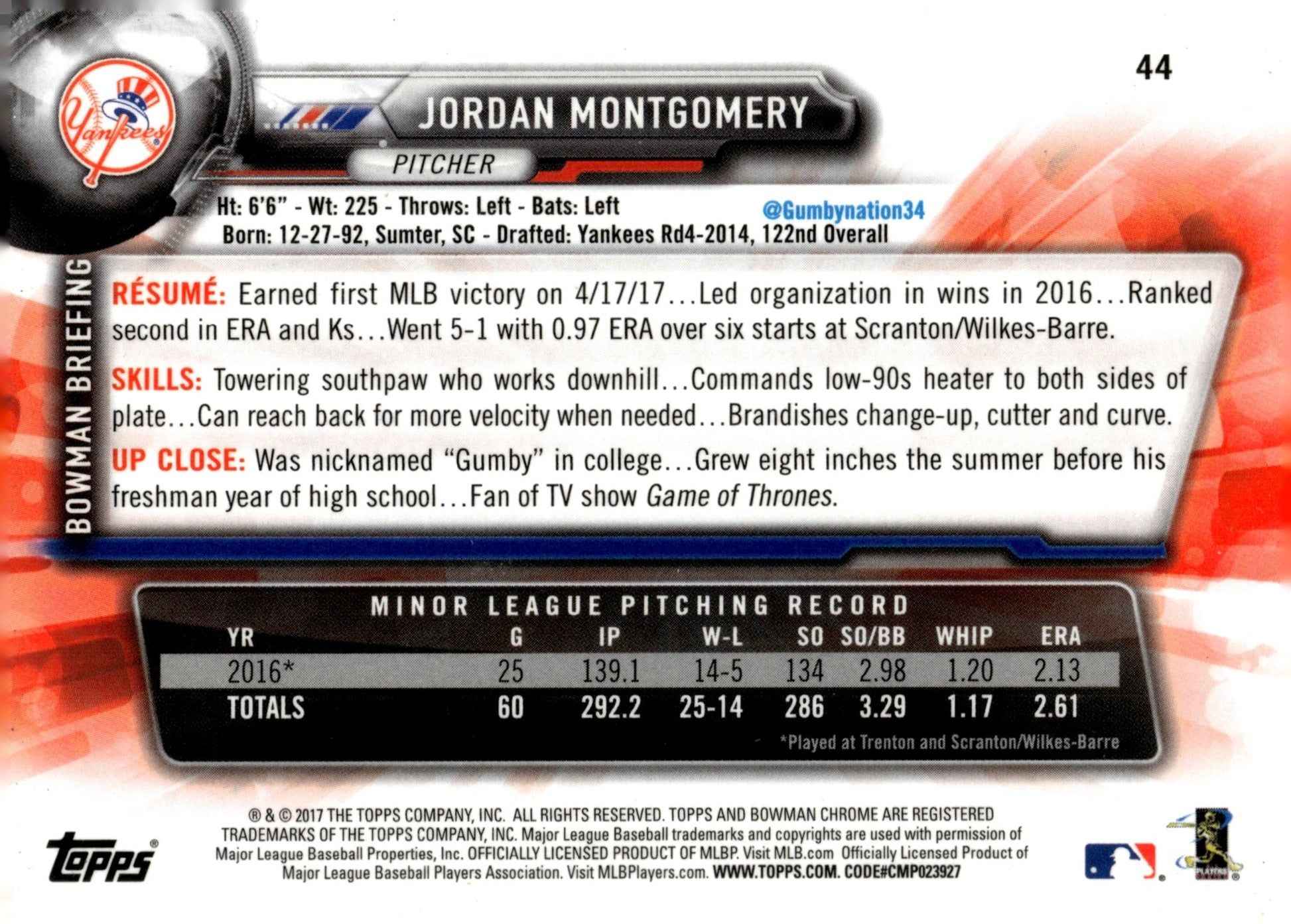 Jordan Montgomery 2017 Bowman Chrome RC #44 - Collector Store LLC