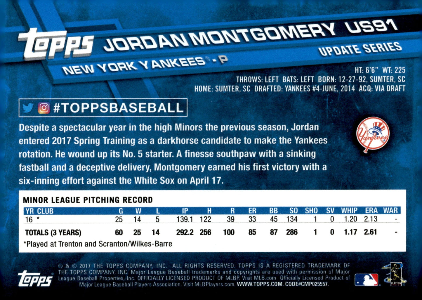 Jordan Montgomery 2017 Topps Update Series RC #US91 - Collector Store LLC