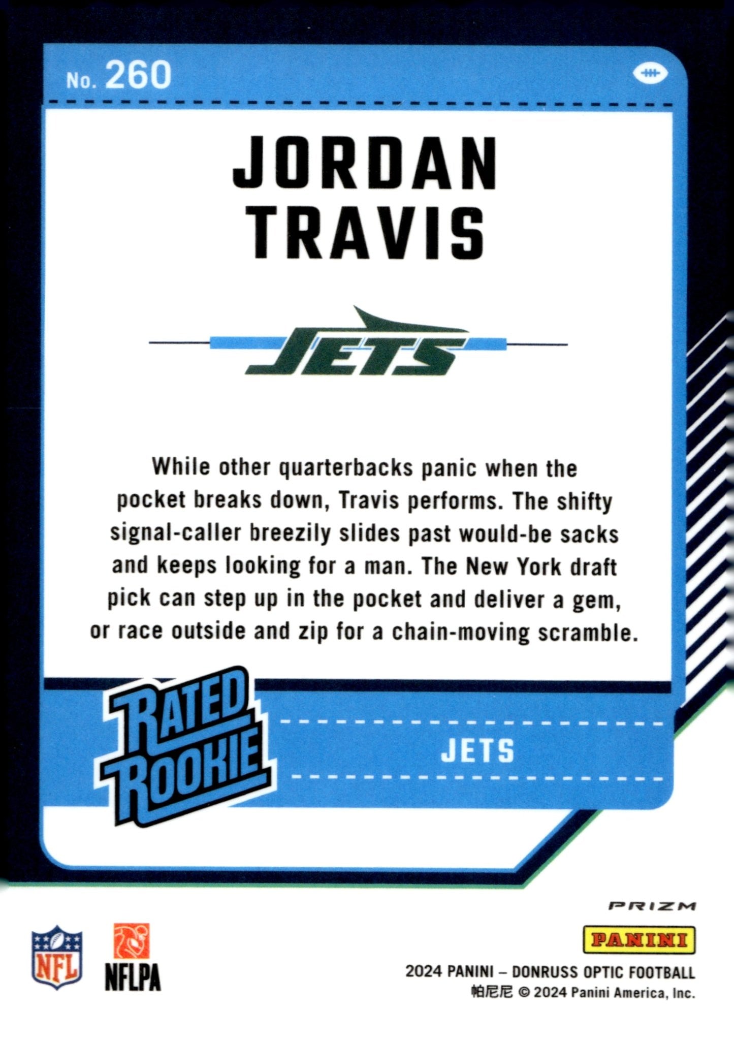Jordan Travis 2024 Panini Donruss Optic Rated Rookie Blue Scope Prizm RC 260 - Collector Store LLC
