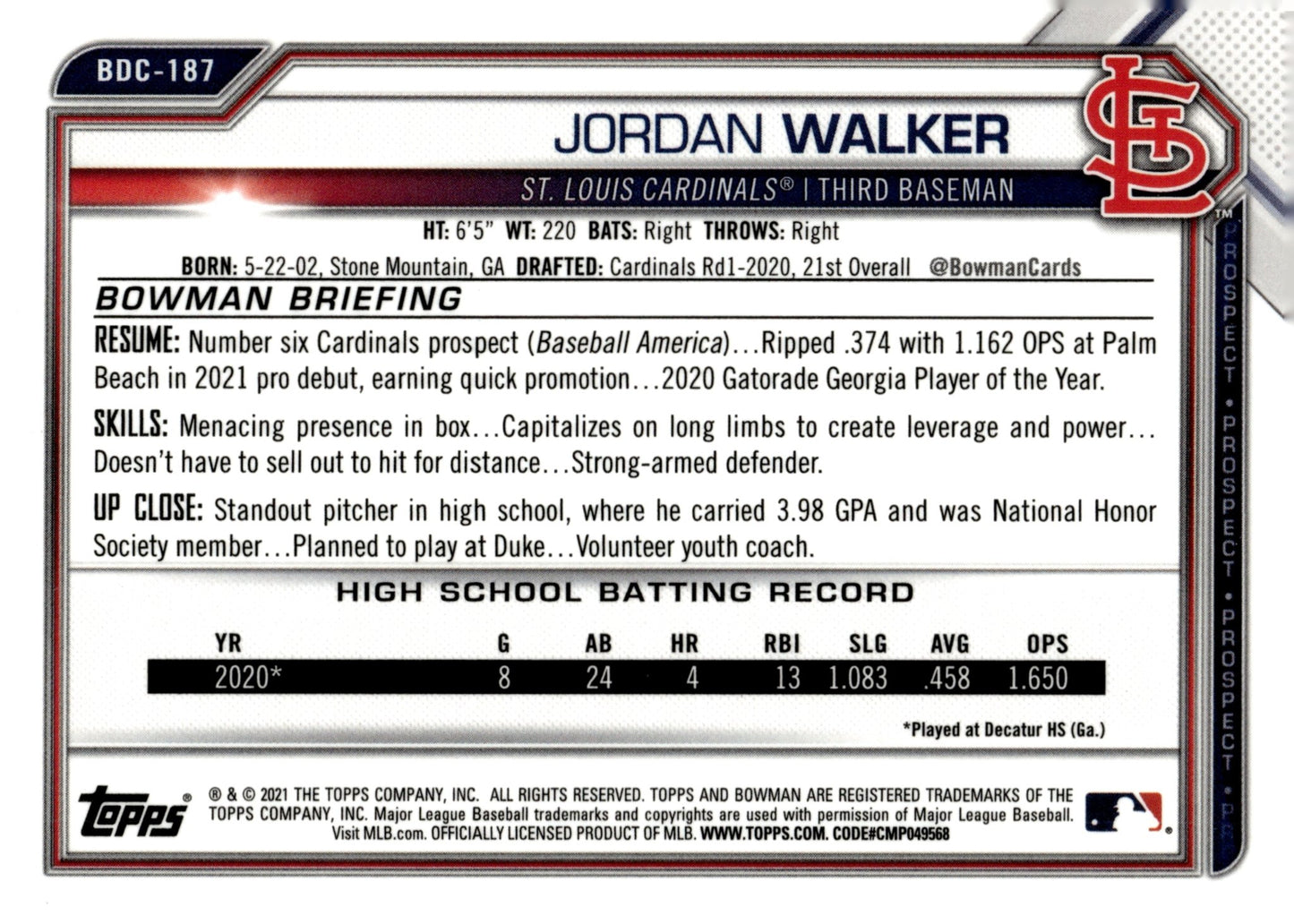 Jordan Walker 2021 Bowman Chrome Prospect #BDC - 187 - Collector Store LLC