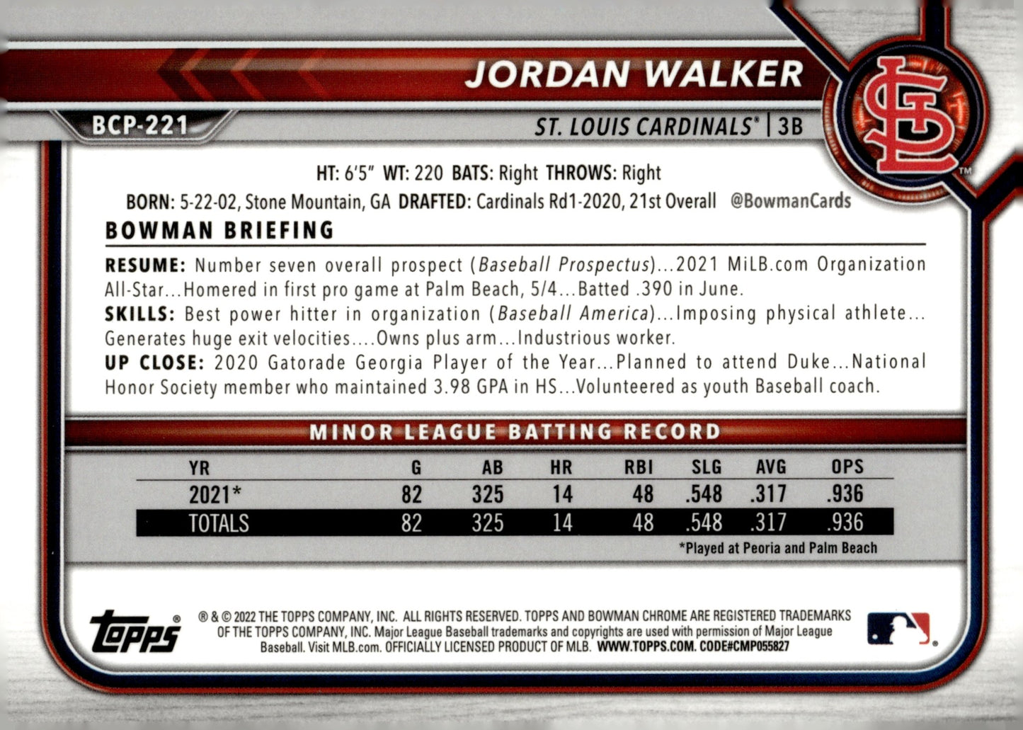 Jordan Walker 2022 Bowman Chrome Prospects #BCP - 221 - Collector Store LLC
