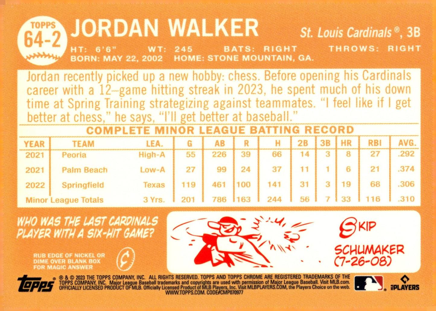 Jordan Walker 2023 Topps Chrome Lids RC 64 - 2 - Collector Store LLC