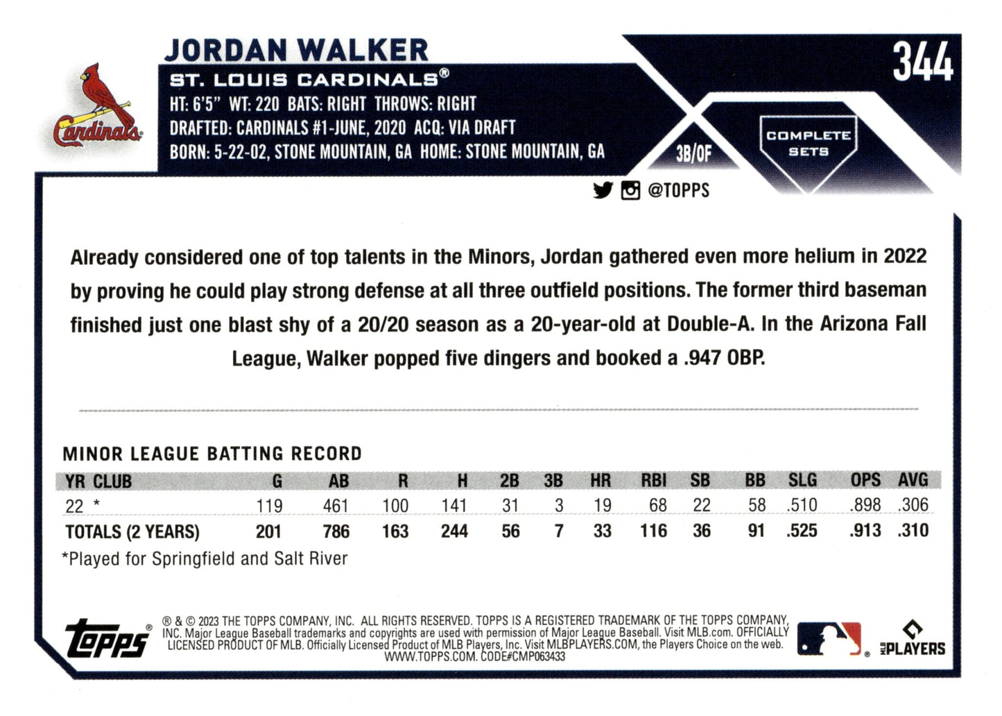 Jordan Walker 2023 Topps Complete Sets RC 344 - Collector Store LLC