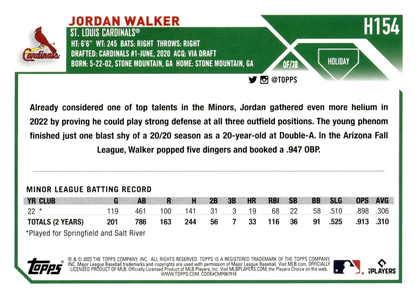 Jordan Walker 2023 Topps Holiday RC #H154 - Collector Store LLC