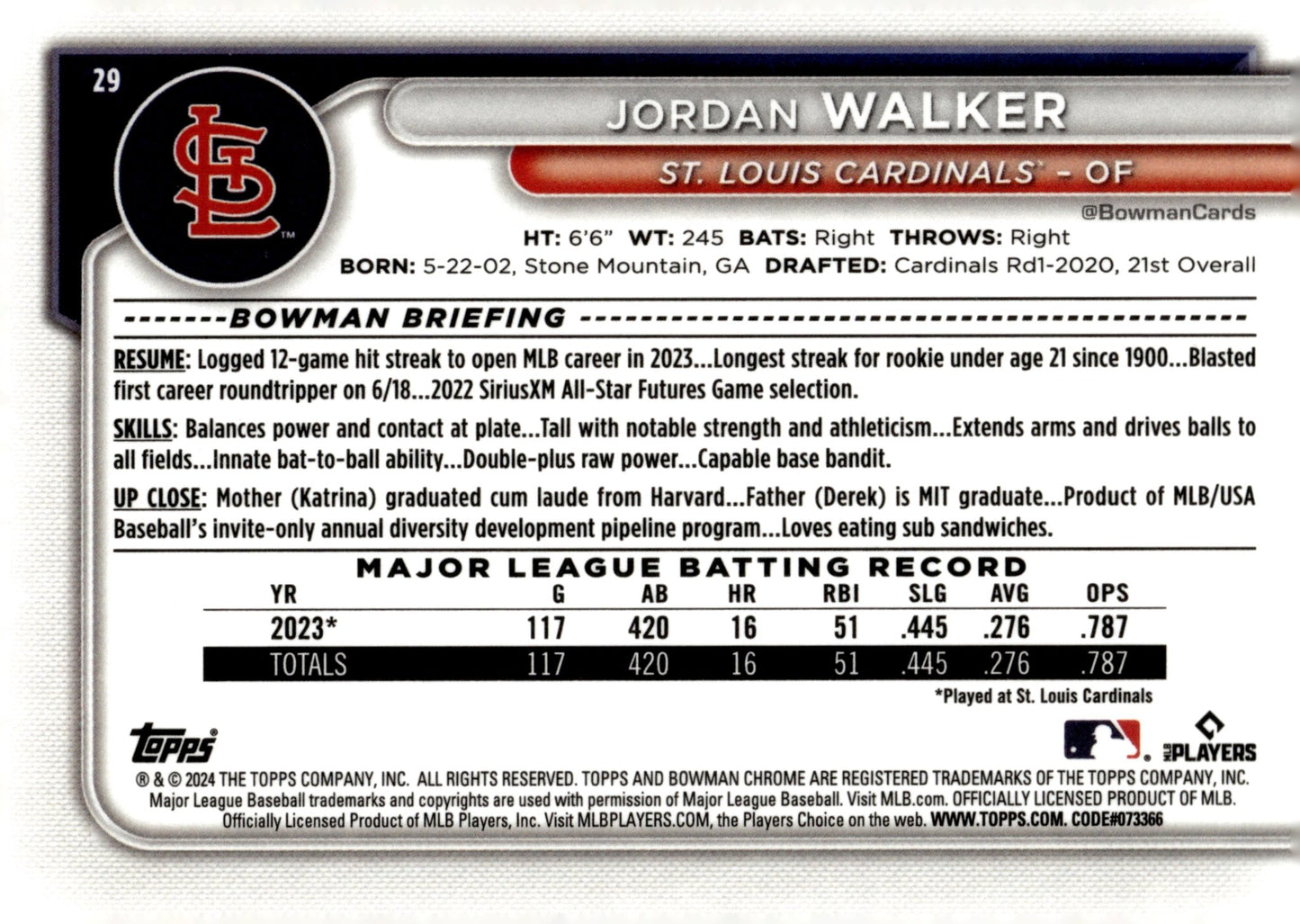 Jordan Walker 2024 Bowman Chrome Mojo Refractor #29 #1 - Collector Store LLC