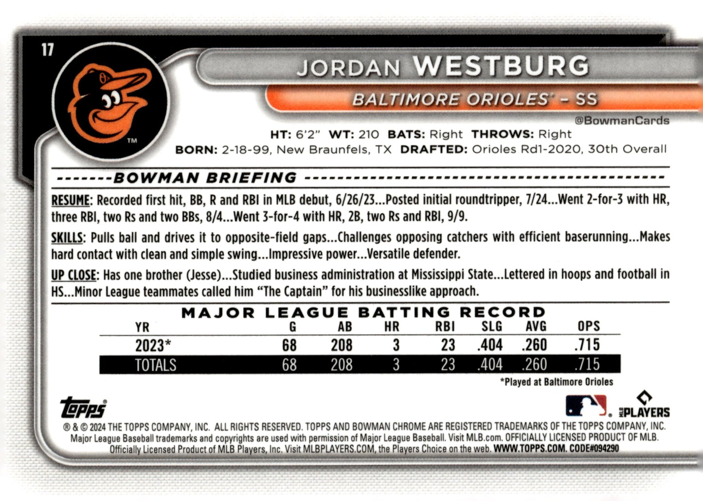 Jordan Westburg 2024 Bowman Chrome Mojo Refractor RC #17 #1 - Collector Store LLC