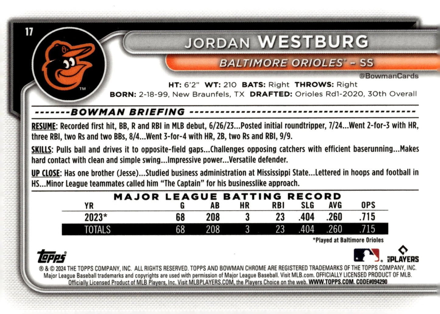 Jordan Westburg 2024 Bowman Chrome Mojo Refractor RC #17 #2 - Collector Store LLC