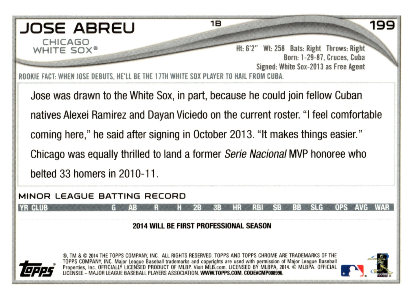 Jose Abreu 2014 Topps Chrome RC #199 - Collector Store LLC