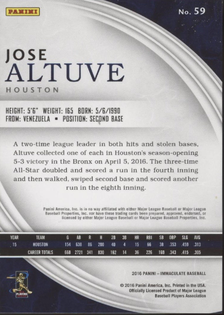 Jose Altuve 2016 Panini Immaculate 80/99 59 - Collector Store LLC