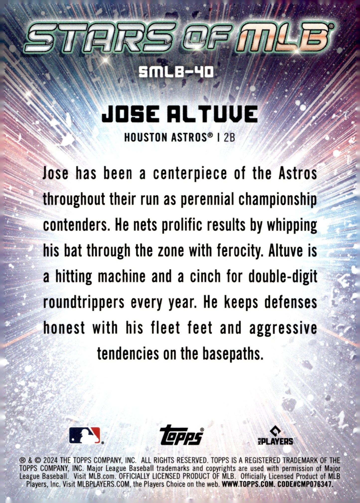 Jose Altuve 2024 Topps Series 1 Stars of MLB SMLB - 40 2 - Collector Store LLC