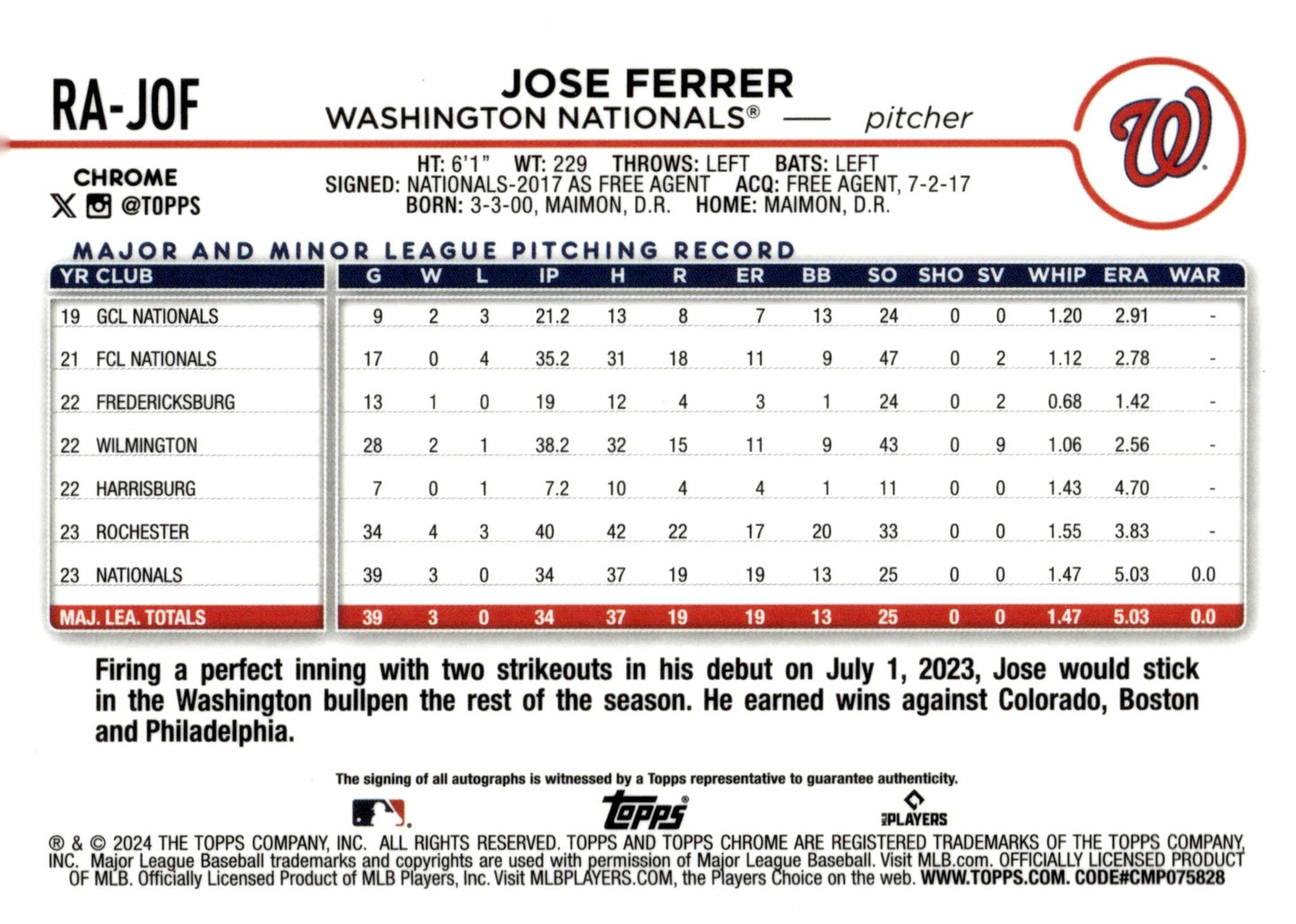 Jose Ferrer 2024 Topps Chrome Purple Speckle Refractor RC Auto 058/299 #RA - JOF - Collector Store LLC