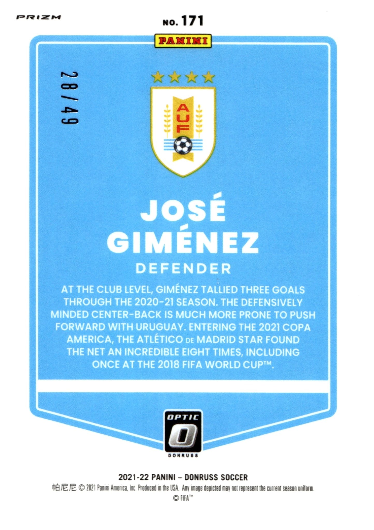Jose Gimenez 2021 - 22 Panini Donruss Orange Lazer Prizm 28/49 #171 - Collector Store LLC
