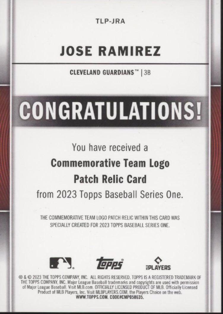 Jose Ramirez 2023 Topps Series 1 Commemorative Team Logo Patch TLP - JRA - Collector Store LLC