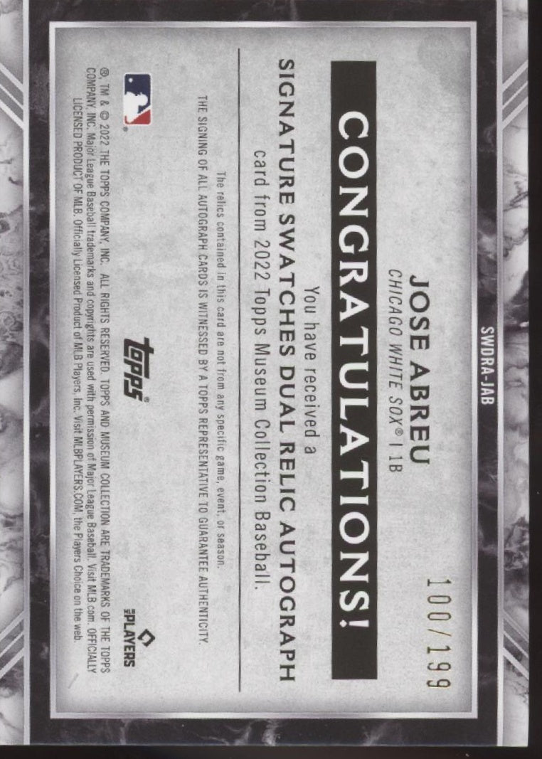 Josh Abreu 2022 Topps Museum Collection Dual Swatch Auto 100/199 SWDRA - JAB - Collector Store LLC