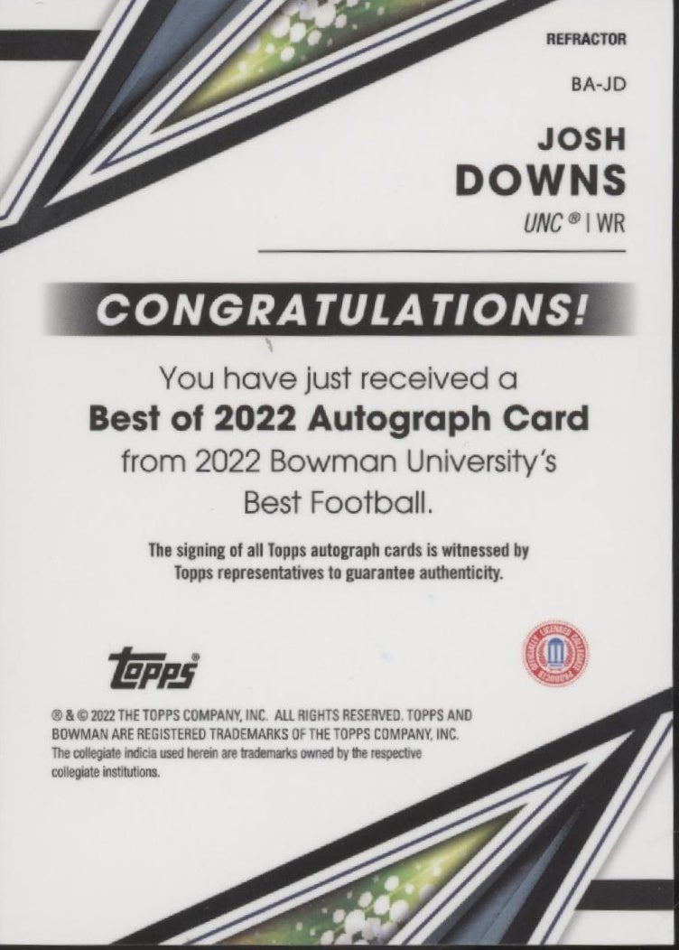 Josh Downs 2022 Bowman Chrome University's Best Refractor Auto BA - JD - Collector Store LLC