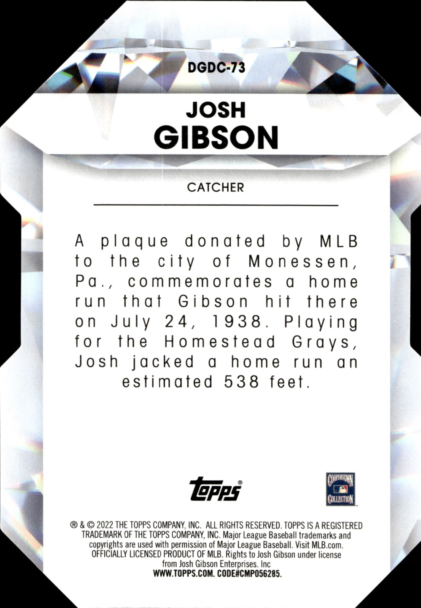 Josh Gibson 2022 Topps Update Series Diamond Greats Die - Cut #DGDC - 73 - Collector Store LLC