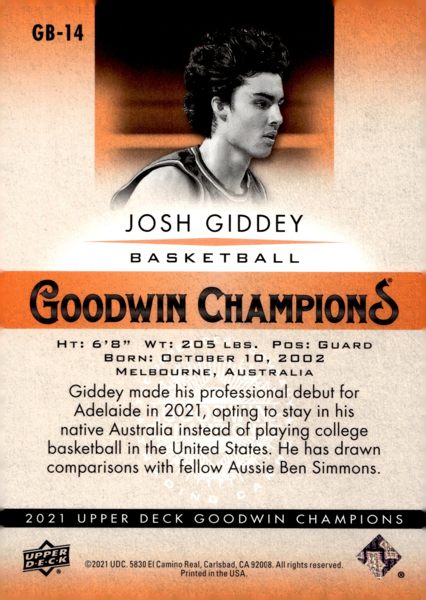 Josh Giddey 2021 Upper Deck Goodwin Champions All World #GB - 14 - Collector Store LLC