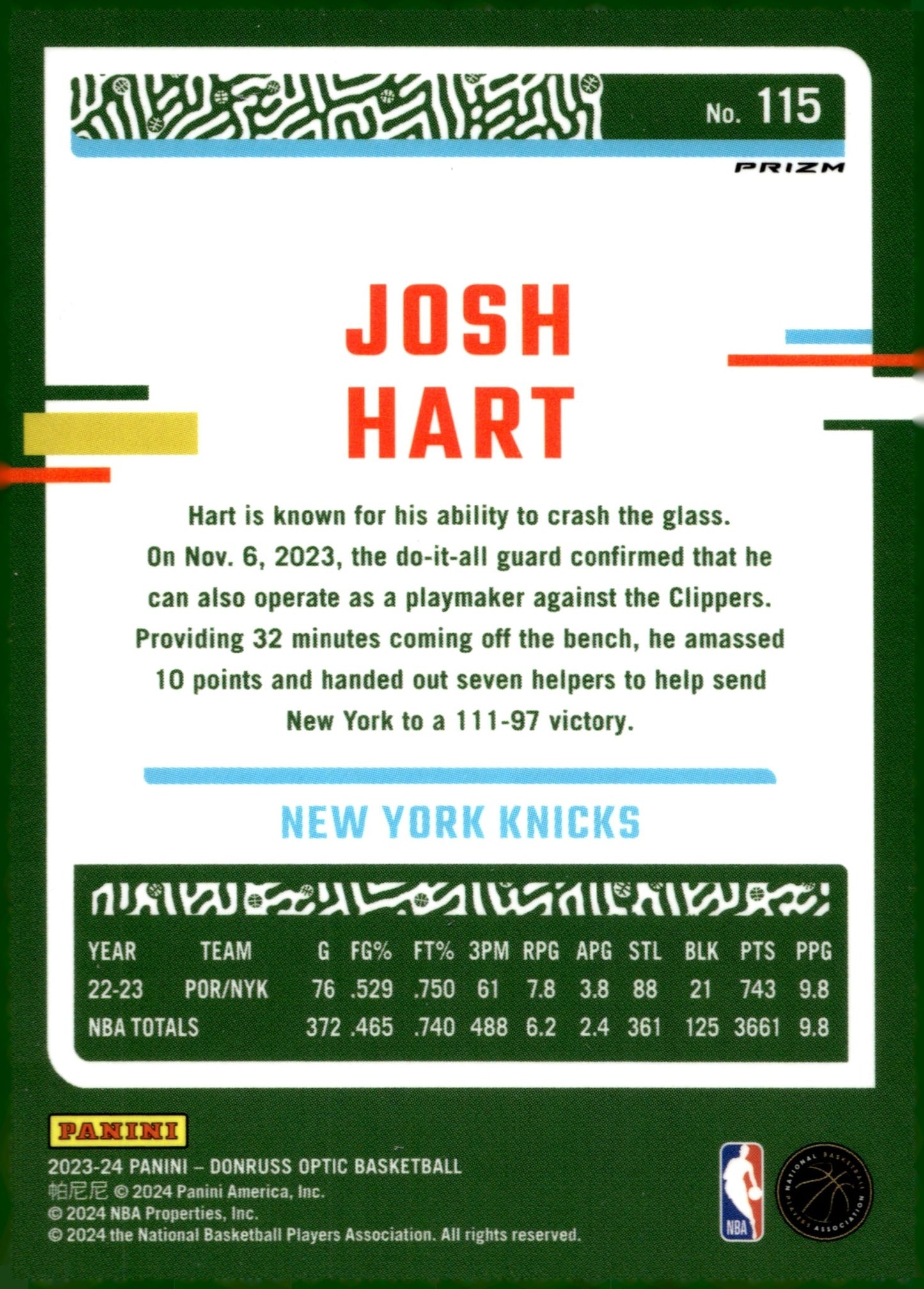 Josh Hart 2023 - 24 Panini Donruss Optic Blue Lazer Prizm #115 - Collector Store LLC