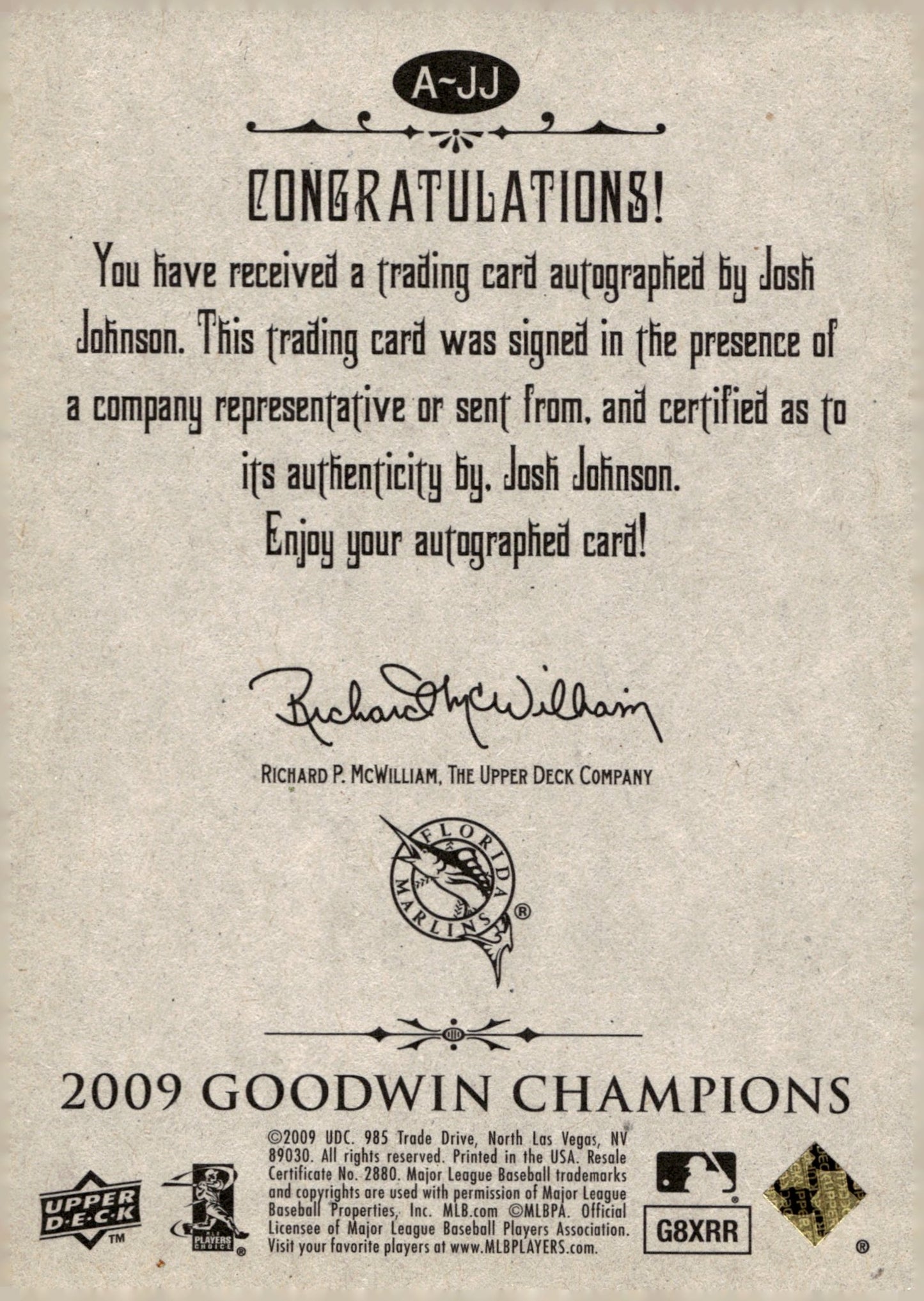 Josh Johnson 2009 Upper Deck Goodwin Champions Auto #A - JJ - Collector Store LLC