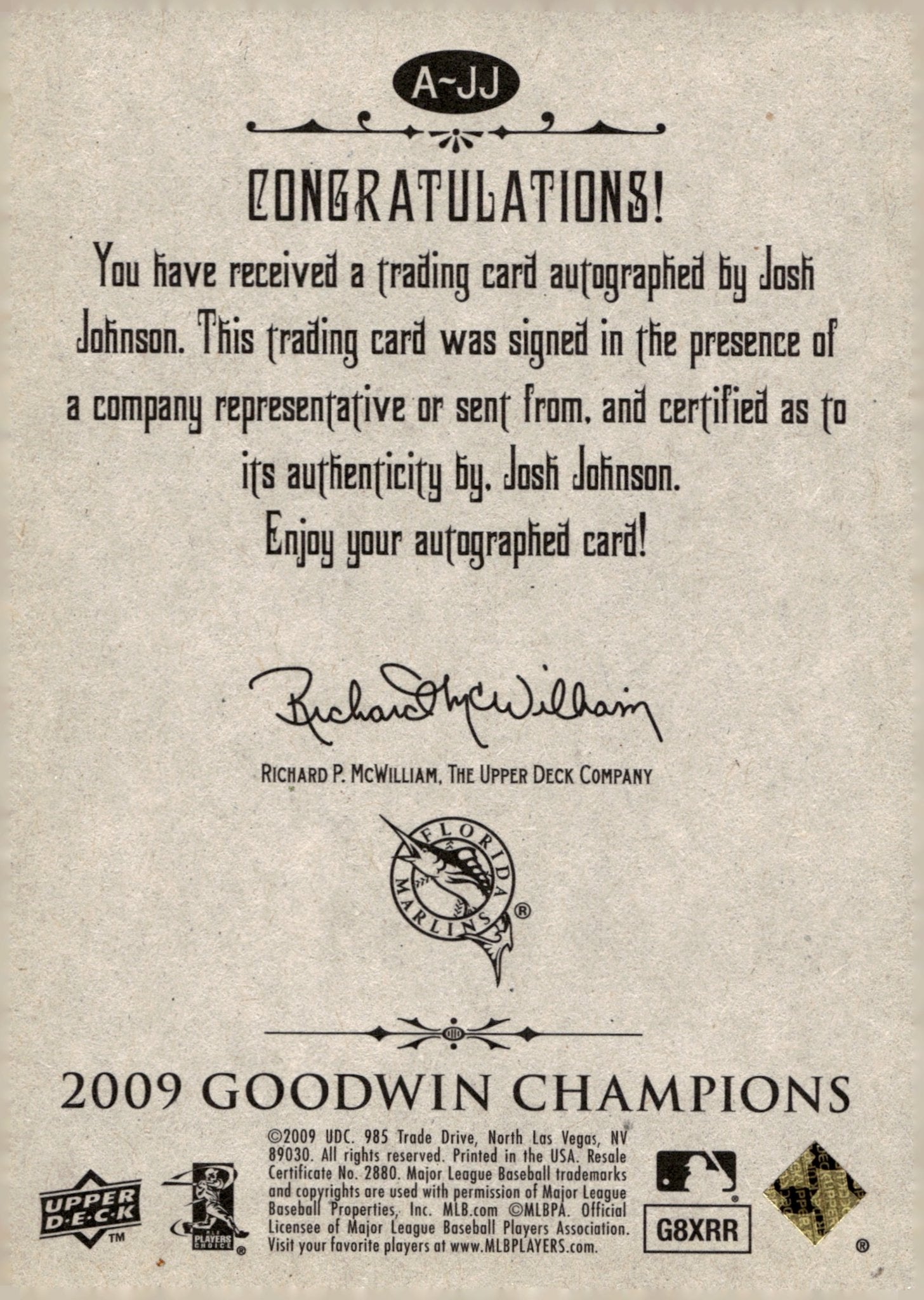 Josh Johnson 2009 Upper Deck Goodwin Champions Auto #A - JJ - Collector Store LLC