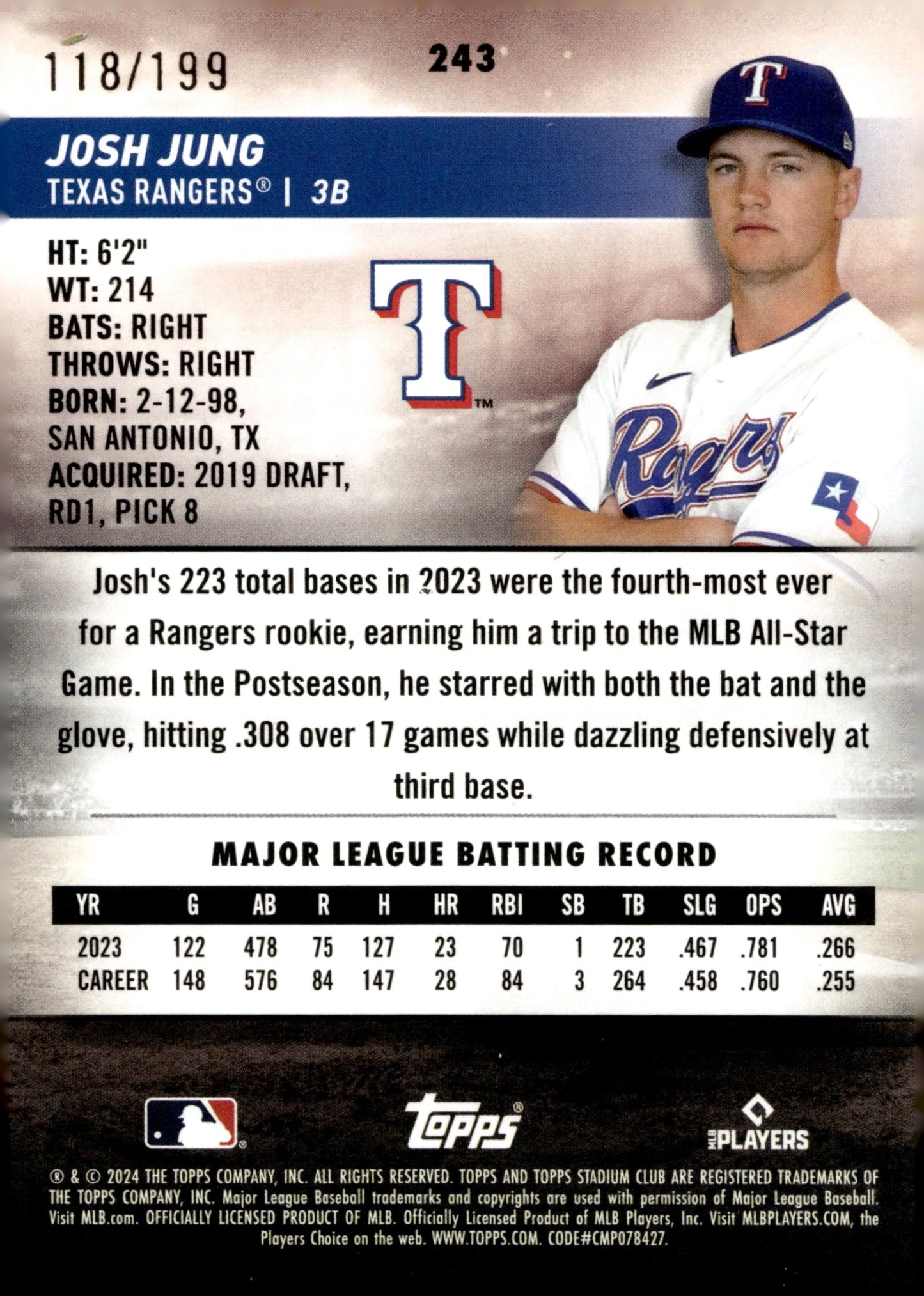 Josh Jung 2024 Topps Stadium Club Green 118/199 #243 - Collector Store LLC