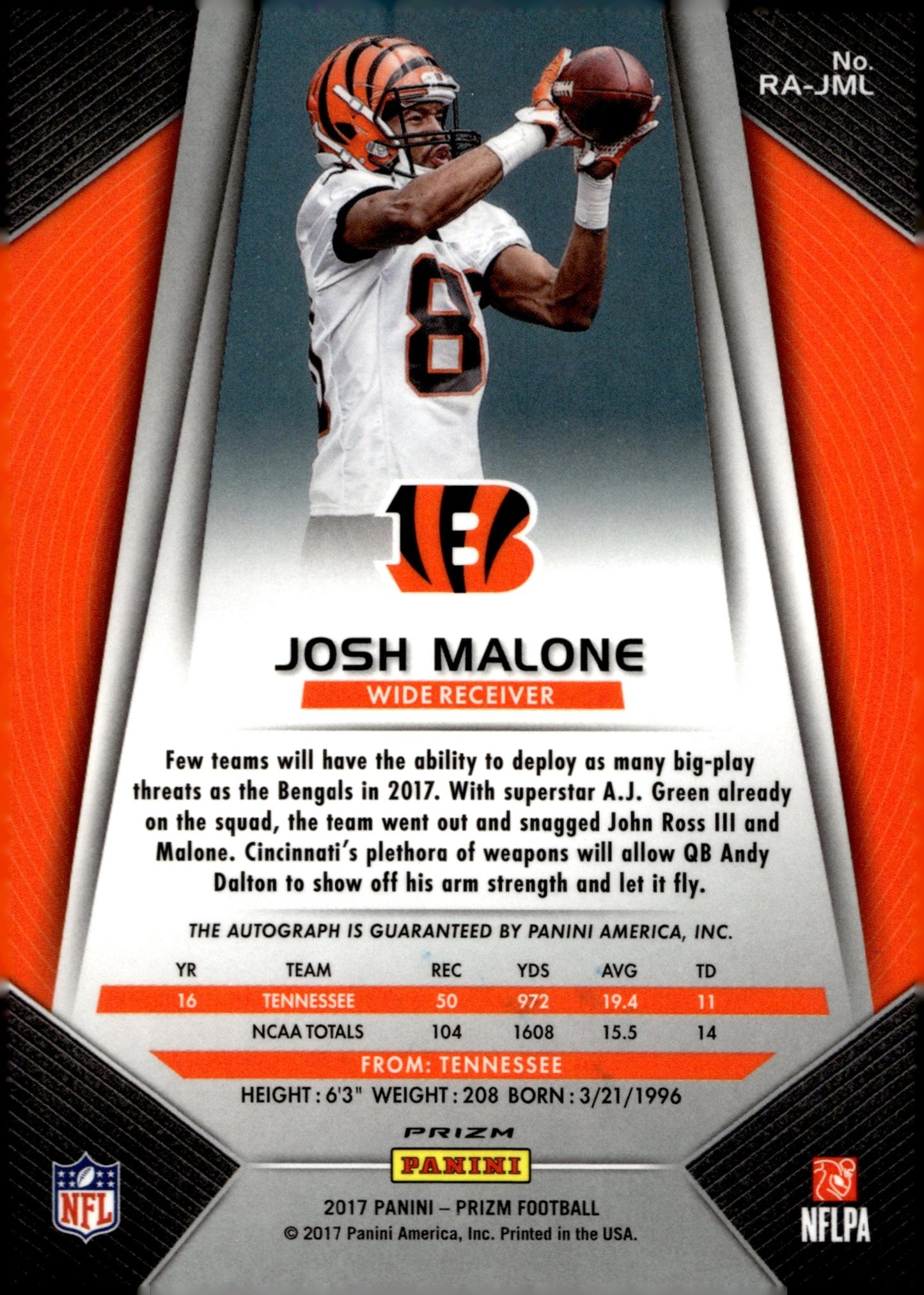 Josh Malone 2017 Panini Prizm Silver Prizm Auto #RA - JML - Collector Store LLC