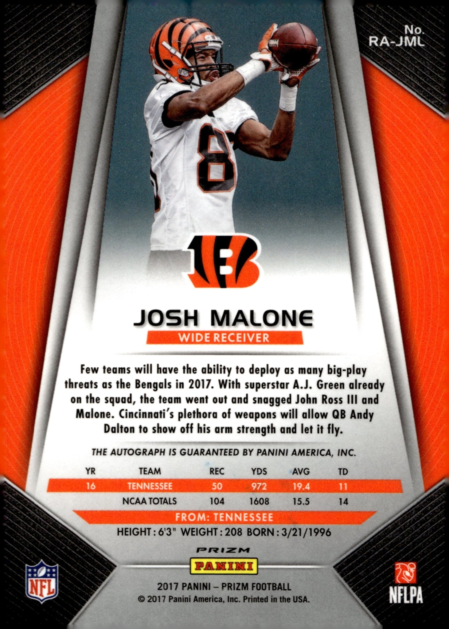 Josh Malone 2017 Panini Prizm Silver Prizm Auto #RA - JML - Collector Store LLC