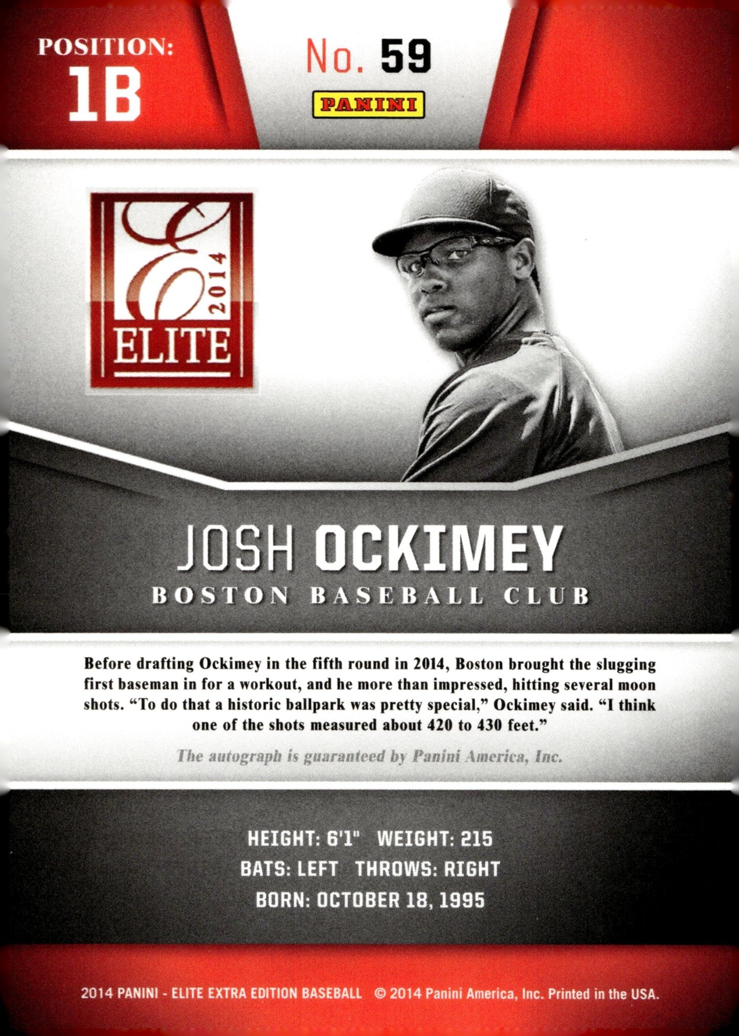 Josh Ockimey 2014 Panini Elite Extra Edition Prospect Red Auto 014/799 #59 - Collector Store LLC