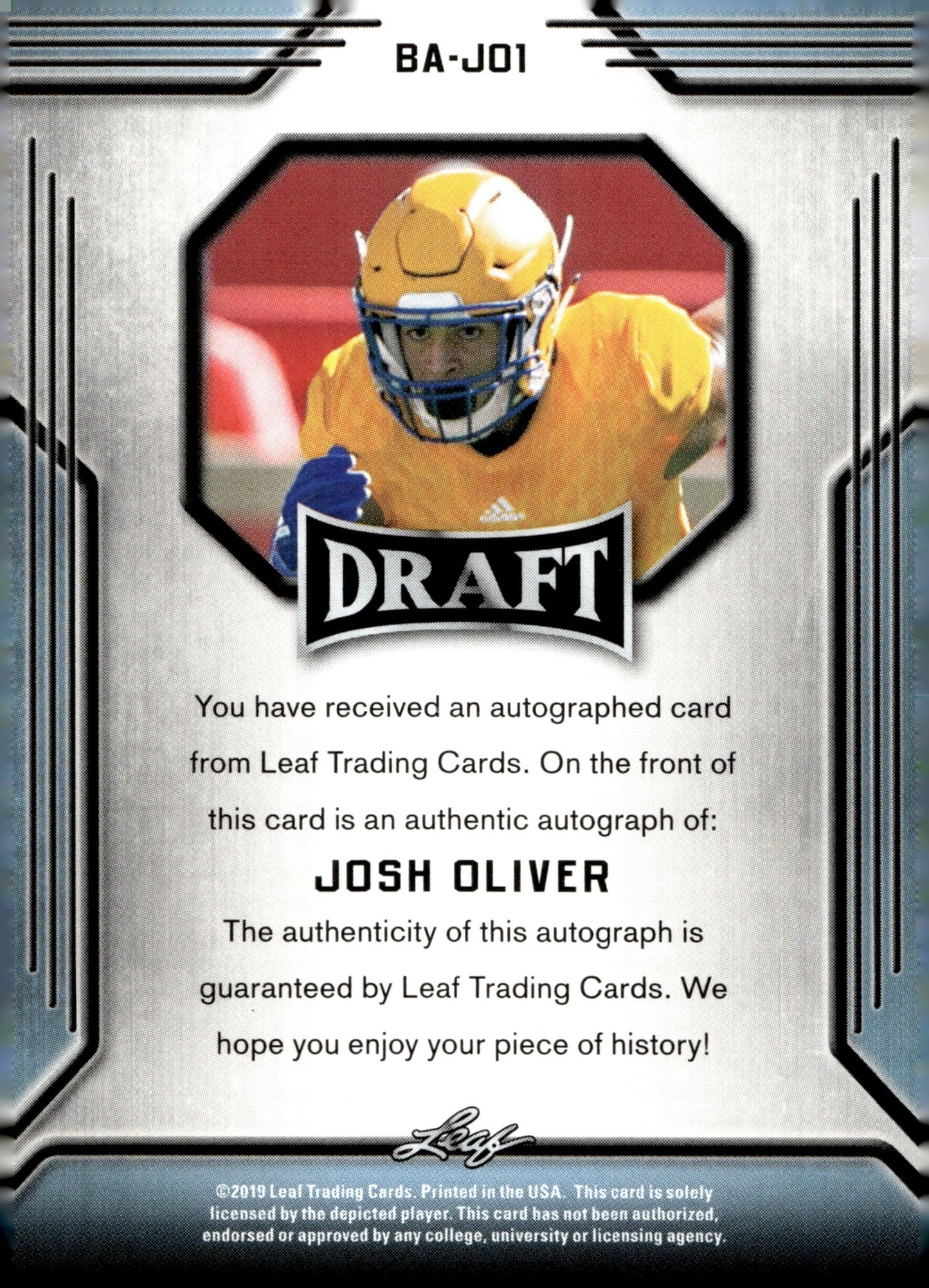 Josh Oliver 2019 Leaf Draft Auto #BA - JO1 - Collector Store LLC