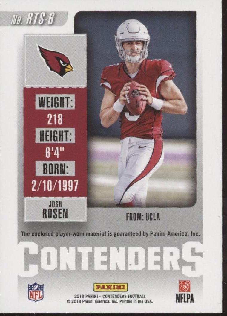 Josh Rosen 2018 Panini Contenders Rookie Ticket Green Swatch RC #RTS - 6 - Collector Store LLC
