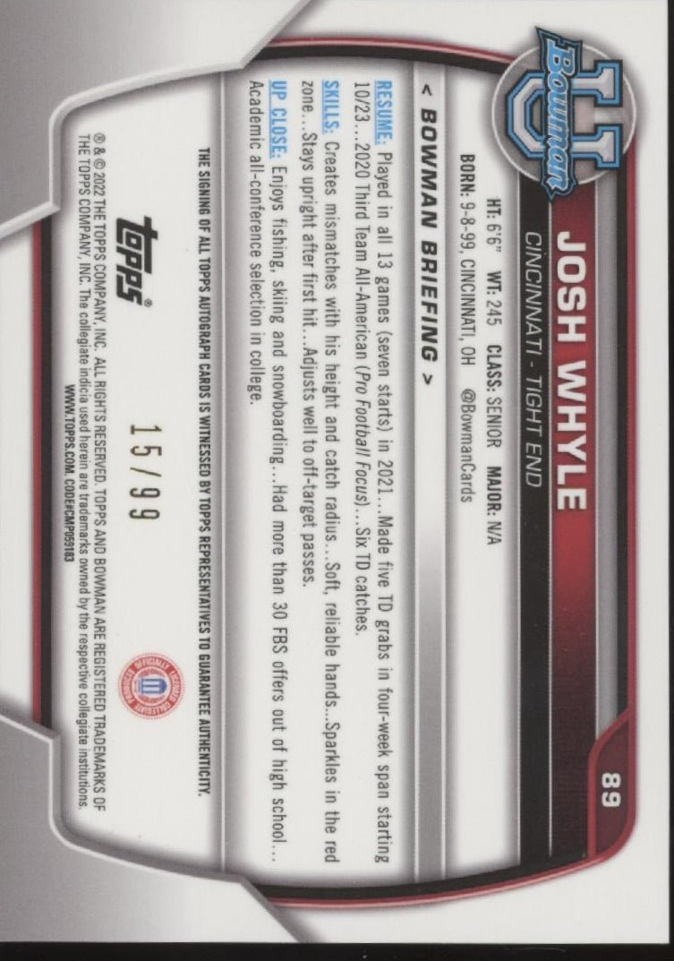 Josh Whyle 2022 Bowman Chrome University Green Refractor Auto 15/99 89 - Collector Store LLC