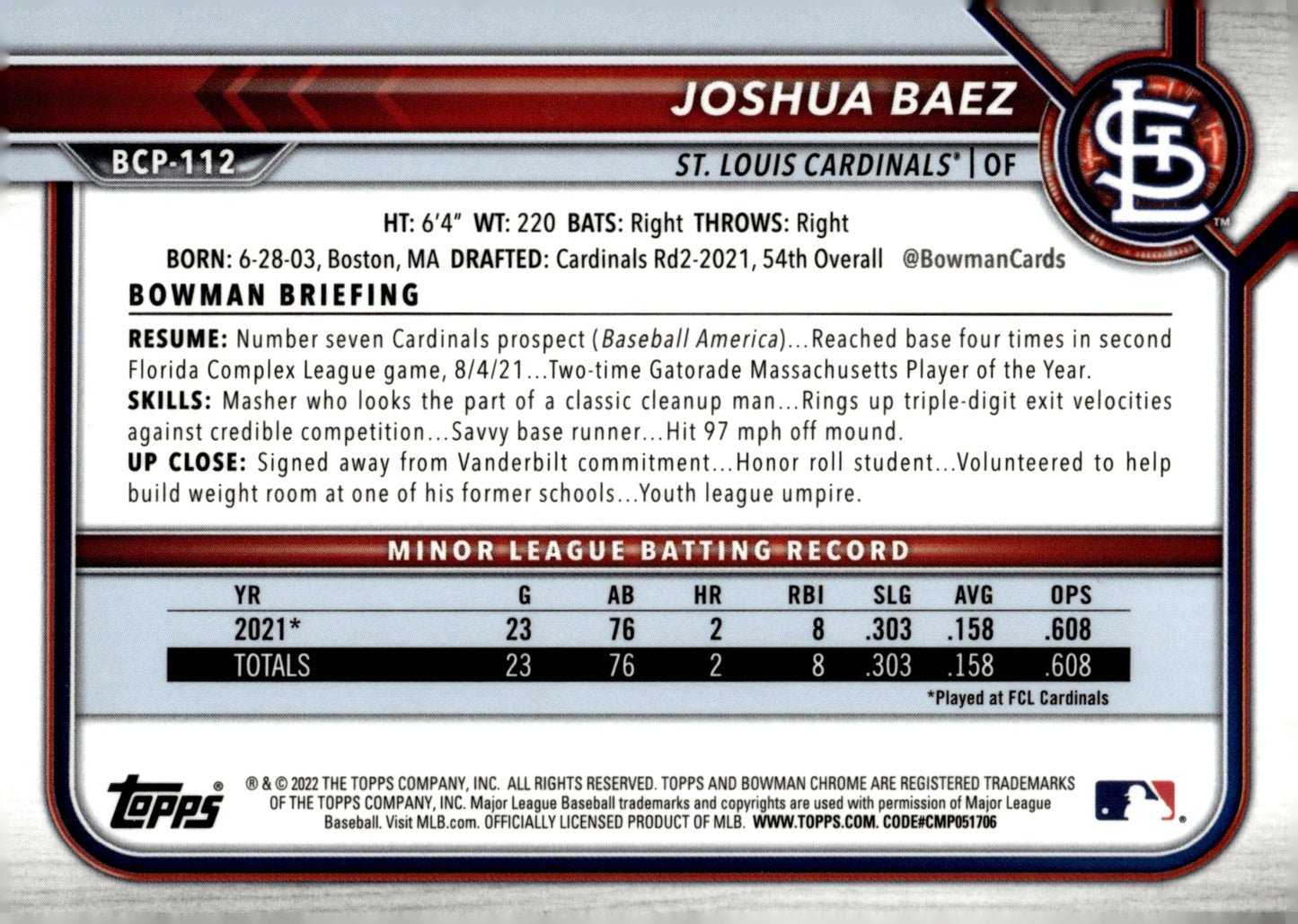 Joshua Baez 2022 Bowman Chrome Prospects #BCP - 112 - Collector Store LLC