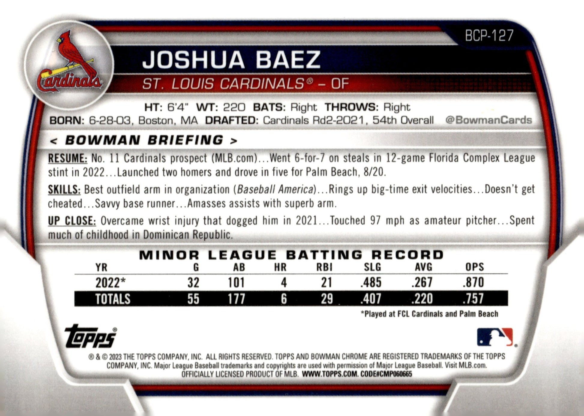 Joshua Baez 2023 Bowman Chrome Fuchsia Refractor 083/199 #BCP - 127 - Collector Store LLC