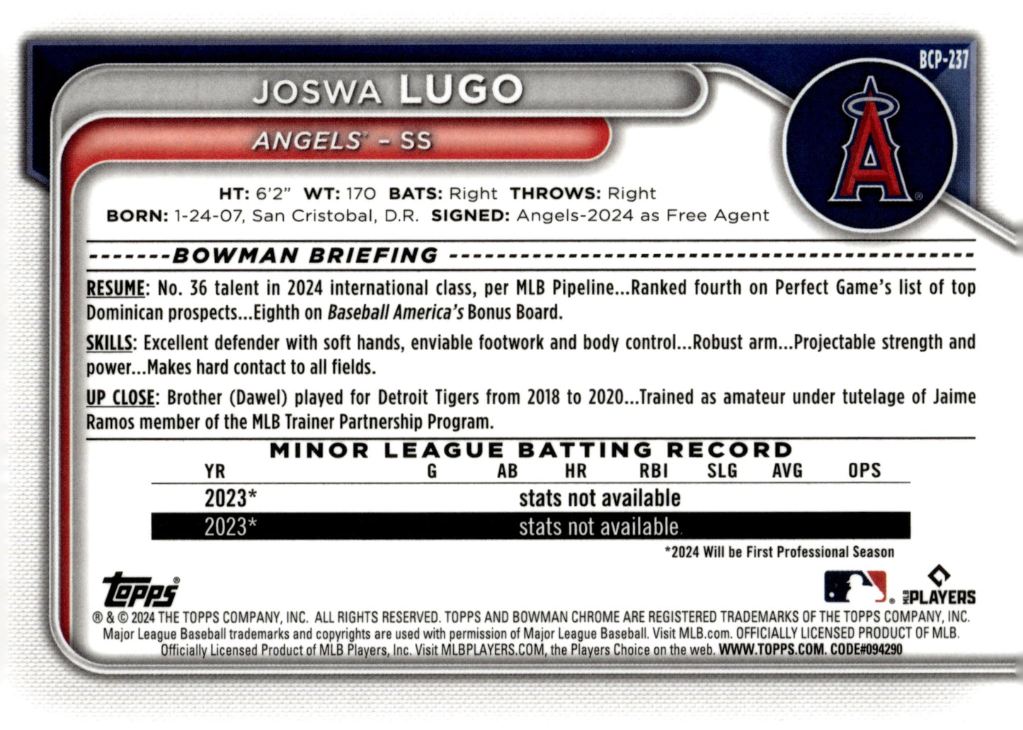Joswa Lugo 2024 Bowman Chrome Mojo Refractor #BCP - 237 #1 - Collector Store LLC