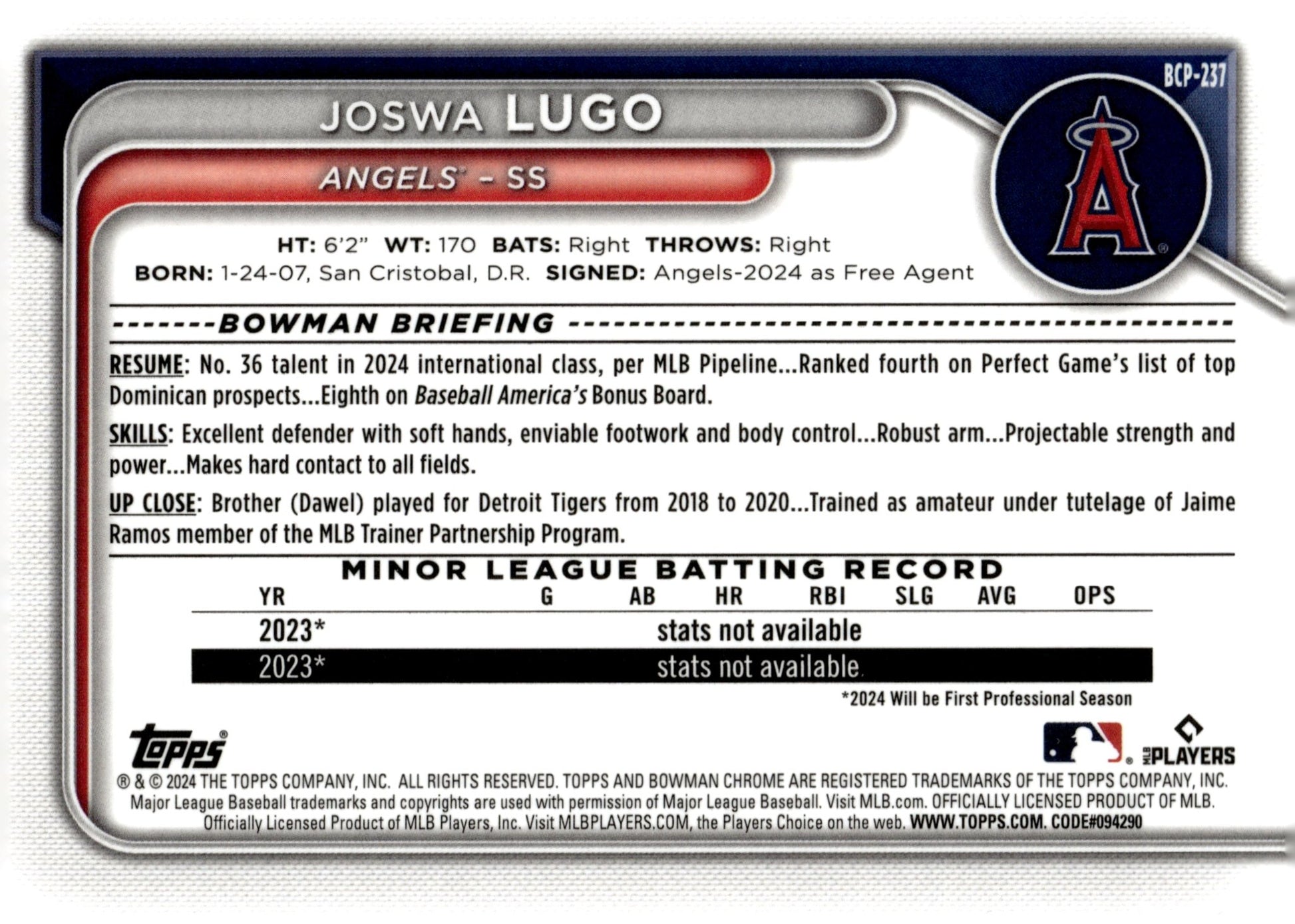 Joswa Lugo 2024 Bowman Chrome Mojo Refractor #BCP - 237 #1 - Collector Store LLC
