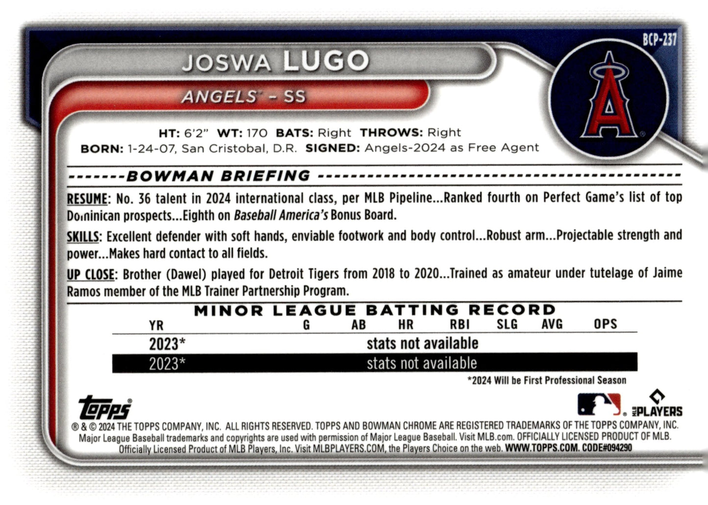 Joswa Lugo 2024 Bowman Chrome Mojo Refractor #BCP - 237 #2 - Collector Store LLC