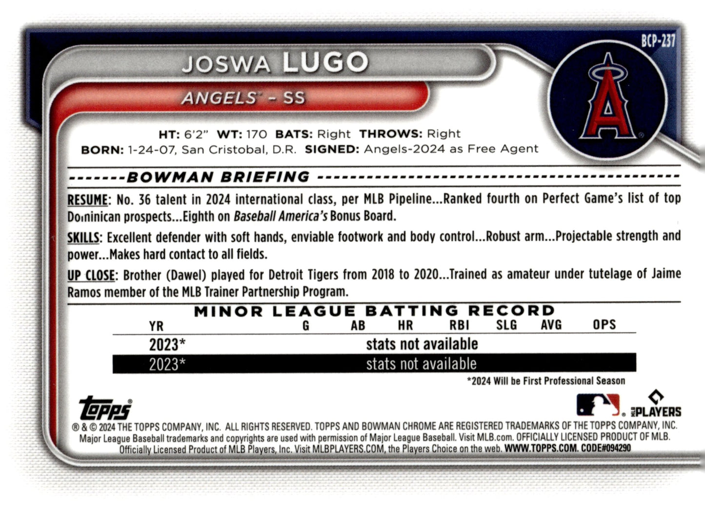 Joswa Lugo 2024 Bowman Chrome Mojo Refractor #BCP - 237 #3 - Collector Store LLC