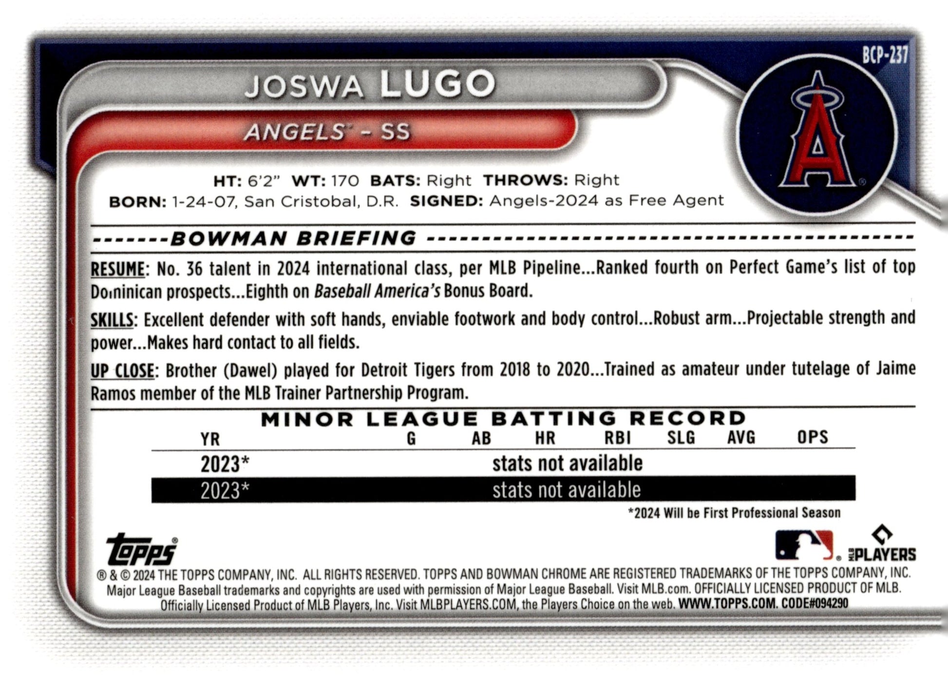 Joswa Lugo 2024 Bowman Chrome Mojo Refractor #BCP - 237 #3 - Collector Store LLC