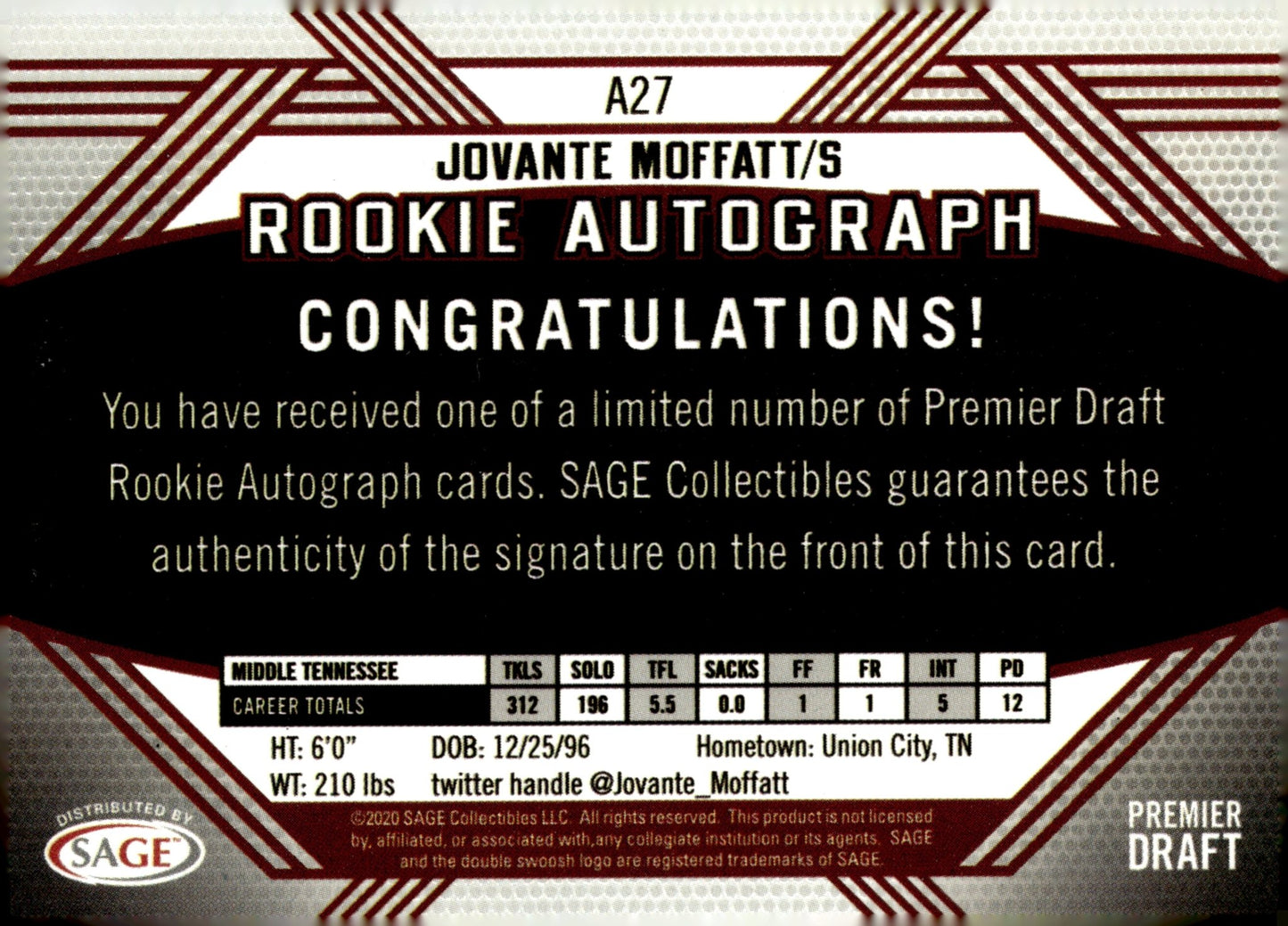 Jovante Moffatt 2020 Sage Hit Premier Draft RC Auto #A27 - Collector Store LLC