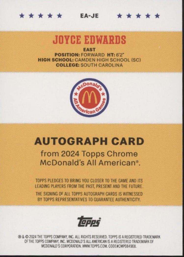 Joyce Edwards 2024 Topps Chrome McDonald's All American Auto EA - JE - Collector Store LLC
