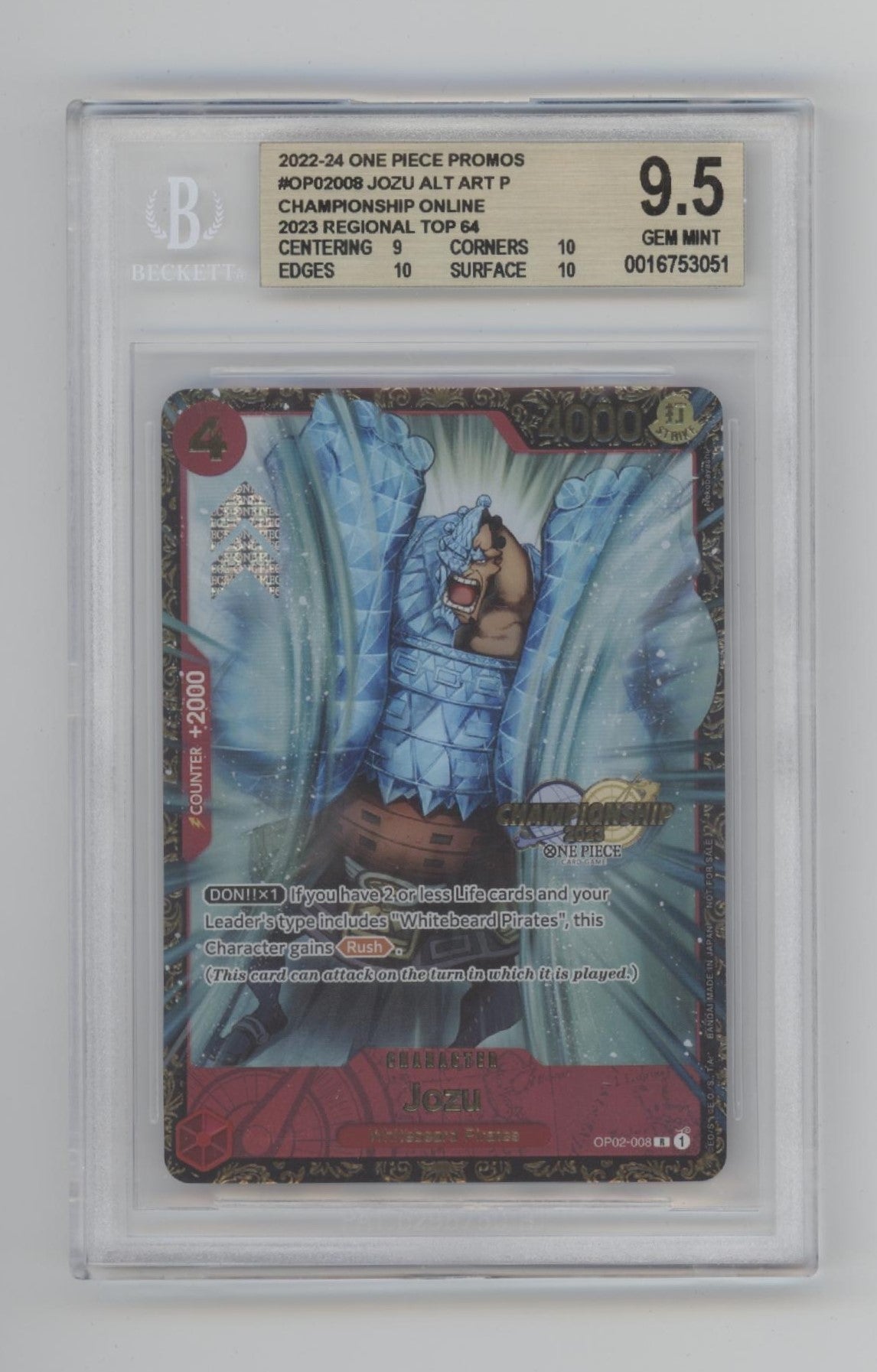 Jozu One Piece CCG Championship Online Regional Top 64 Alt Art Beckett 9.5 2 - Collector Store LLC