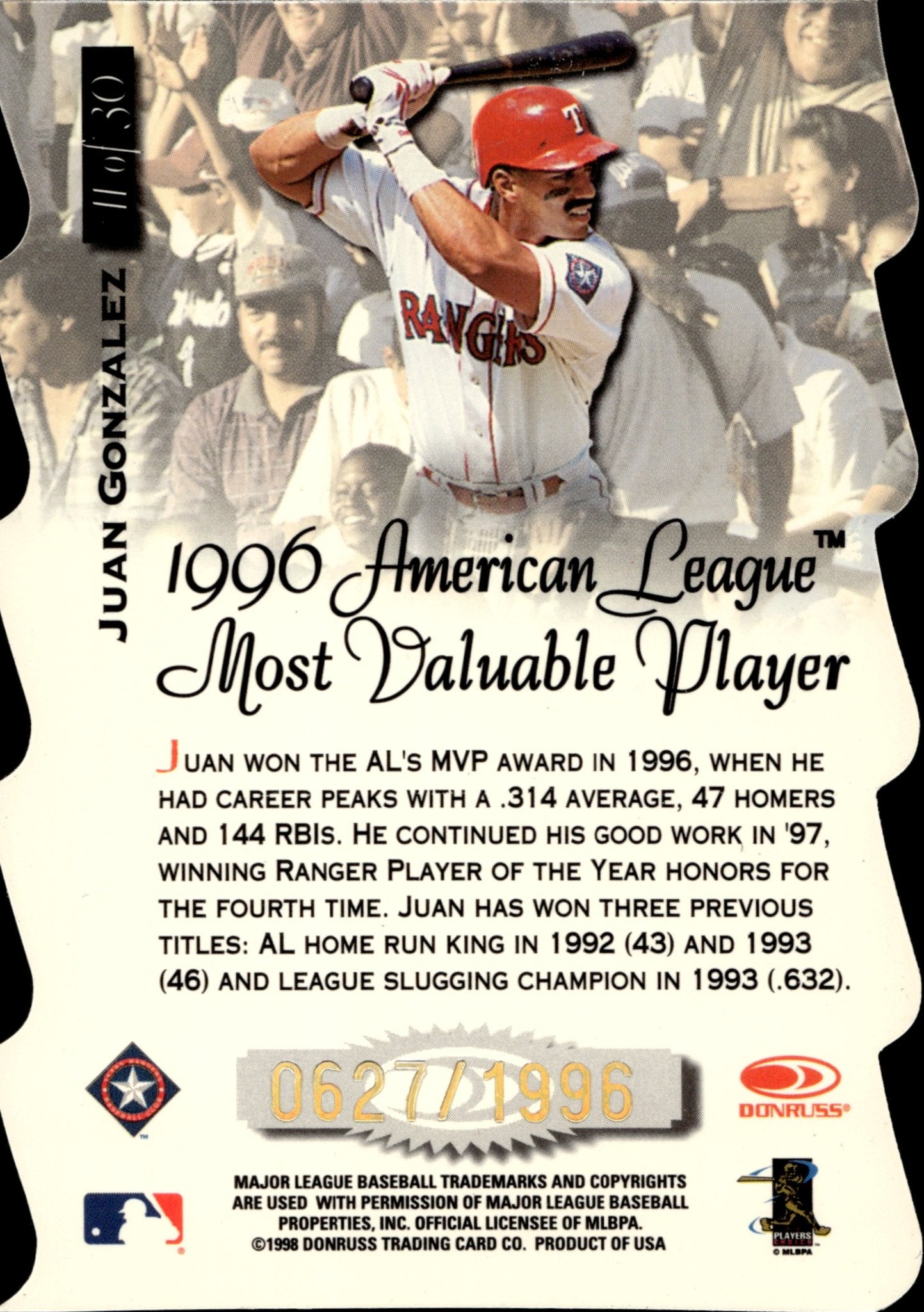 Juan Gonzalez 1999 Donruss Preferred Titles Waves Die - Cut 0627/1996 #11 - Collector Store LLC