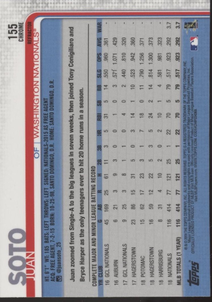 Juan Soto 2019 Topps Chrome Refractor #155 - Collector Store LLC