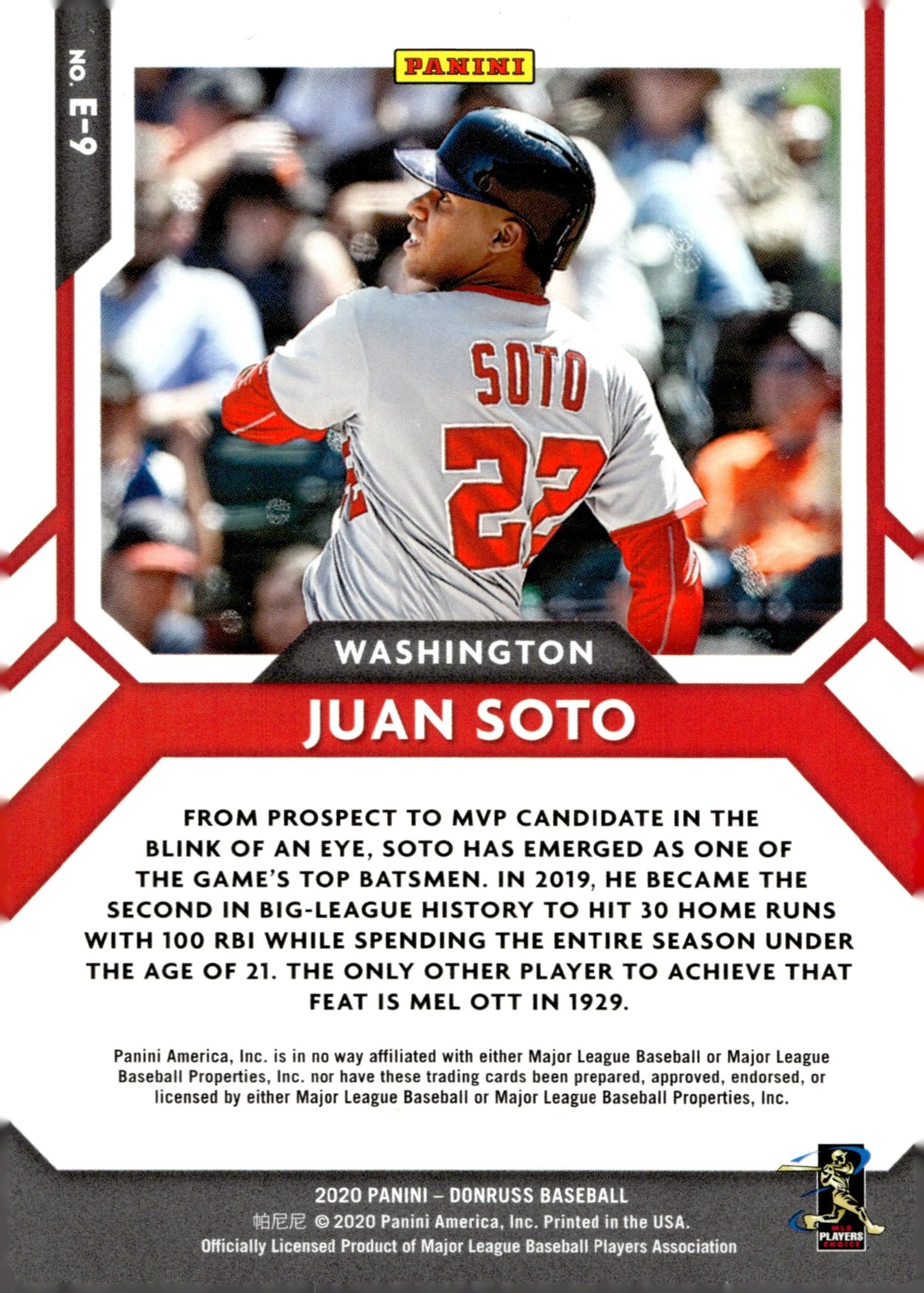 Juan Soto 2020 Panini Donruss Elite Series E - 9 - Collector Store LLC